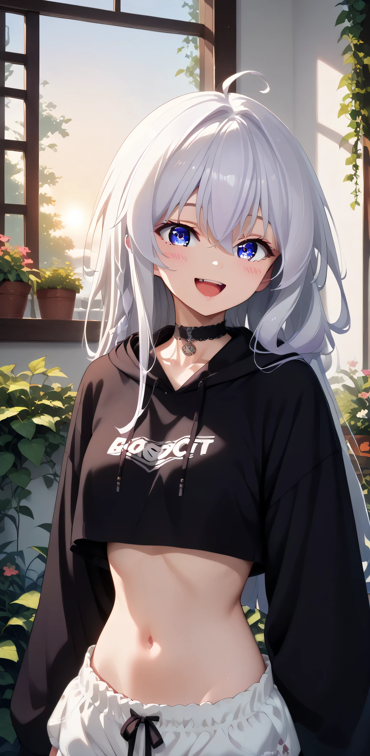 upper body, elaina, anime style, Random Sexy pose , ((Ultra detailing)), (very aesthetic, best quality, ultra detailed), intricate details,
1girl, silver hair, blue eyes,((Detailed eyes)), ((Beautifull eyes)), ((prefect eyes)), sharp jawline, long hair, cute smile, Blush , ((Black Spaghetti strap, crop top overhang, choker, bloomer)), Garden, morning, sunrise, Stretching, yawn