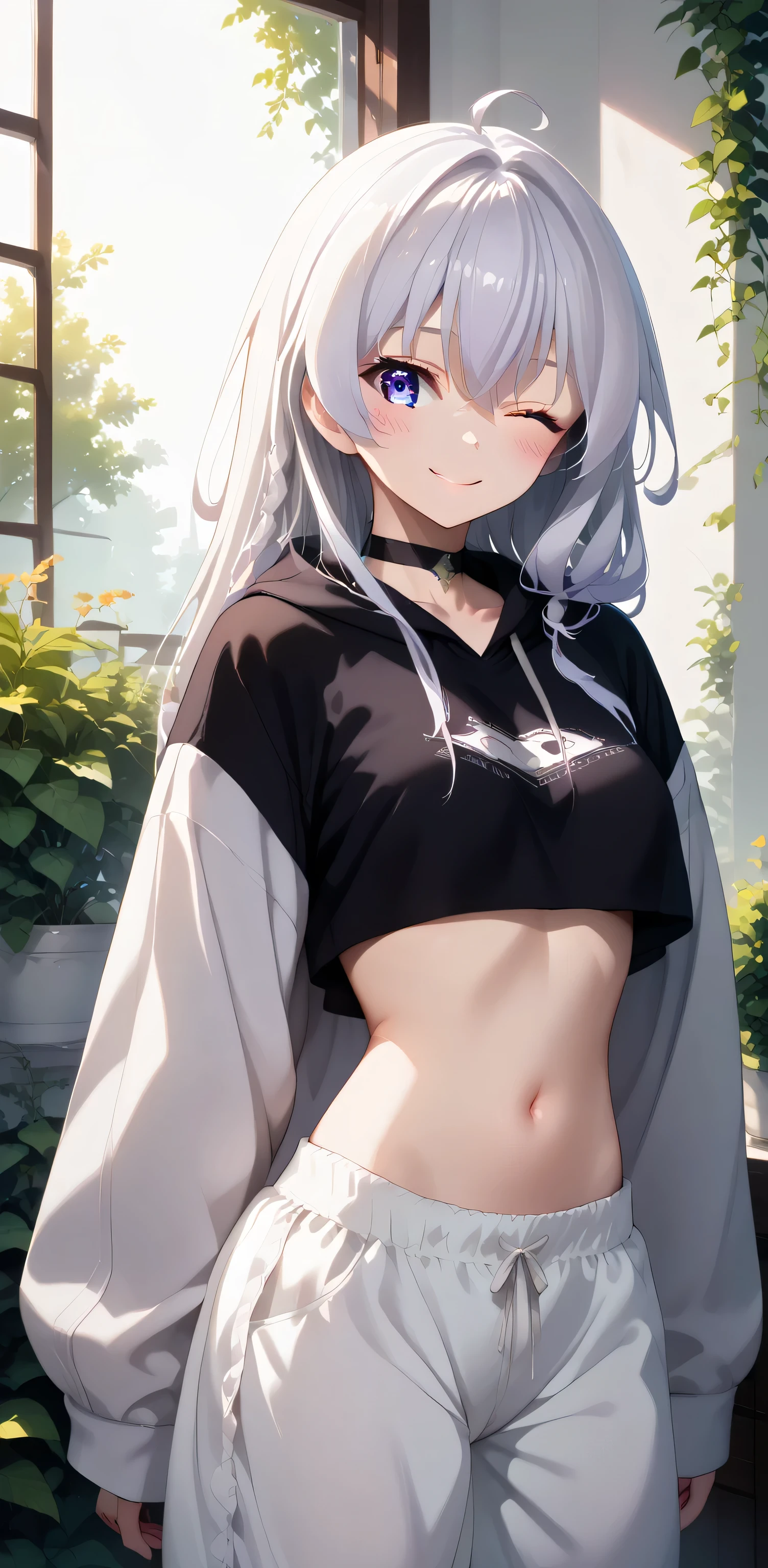 upper body, elaina, anime style, Random Sexy pose , ((Ultra detailing)), (very aesthetic, best quality, ultra detailed), intricate details,
1girl, silver hair, blue eyes,((Detailed eyes)), ((Beautifull eyes)), ((prefect eyes)), sharp jawline, long hair, cute smile, Blush , ((Black Spaghetti strap, crop top overhang, choker, bloomer)), Garden, morning, sunrise, Stretching,wink