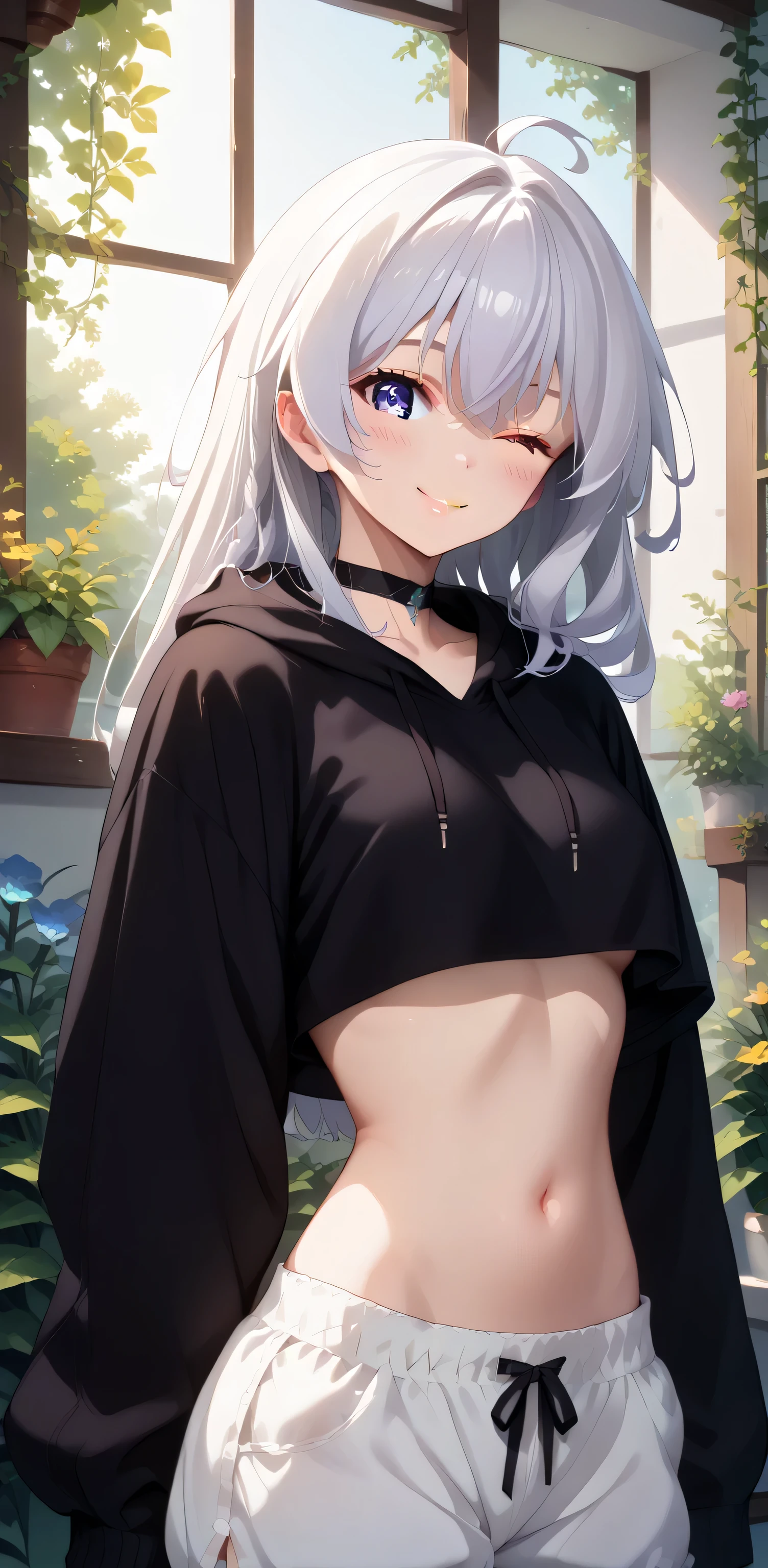 upper body, elaina, anime style, Random Sexy pose , ((Ultra detailing)), (very aesthetic, best quality, ultra detailed), intricate details,
1girl, silver hair, blue eyes,((Detailed eyes)), ((Beautifull eyes)), ((prefect eyes)), sharp jawline, long hair, cute smile, Blush , ((Black Spaghetti strap, crop top overhang, choker, bloomer)), Garden, morning, sunrise, Stretching,wink