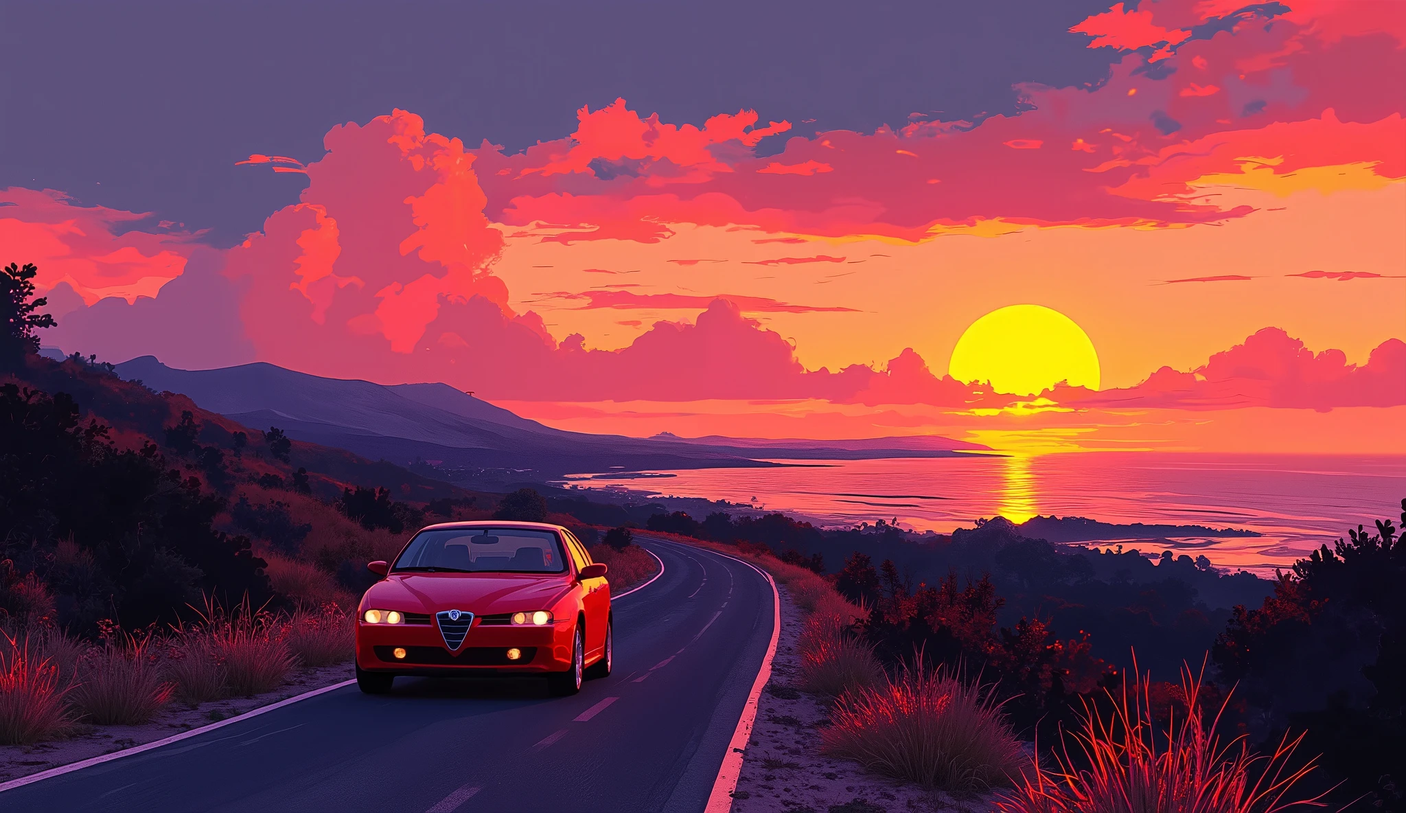 Scenic Road Trip at Dusk, bright orange and pink dramatic sky, Gulf Scenery, Quiet Ocean and Sun Setting on the Horizon, Alfaromeo 156, Warm Golden Hour Lights, Detailed Realistic , Beautiful illustrations, very detailed, 8k, Masterpiece, Cinematic Composition , Long Winding Road with Dramatic Lighting,