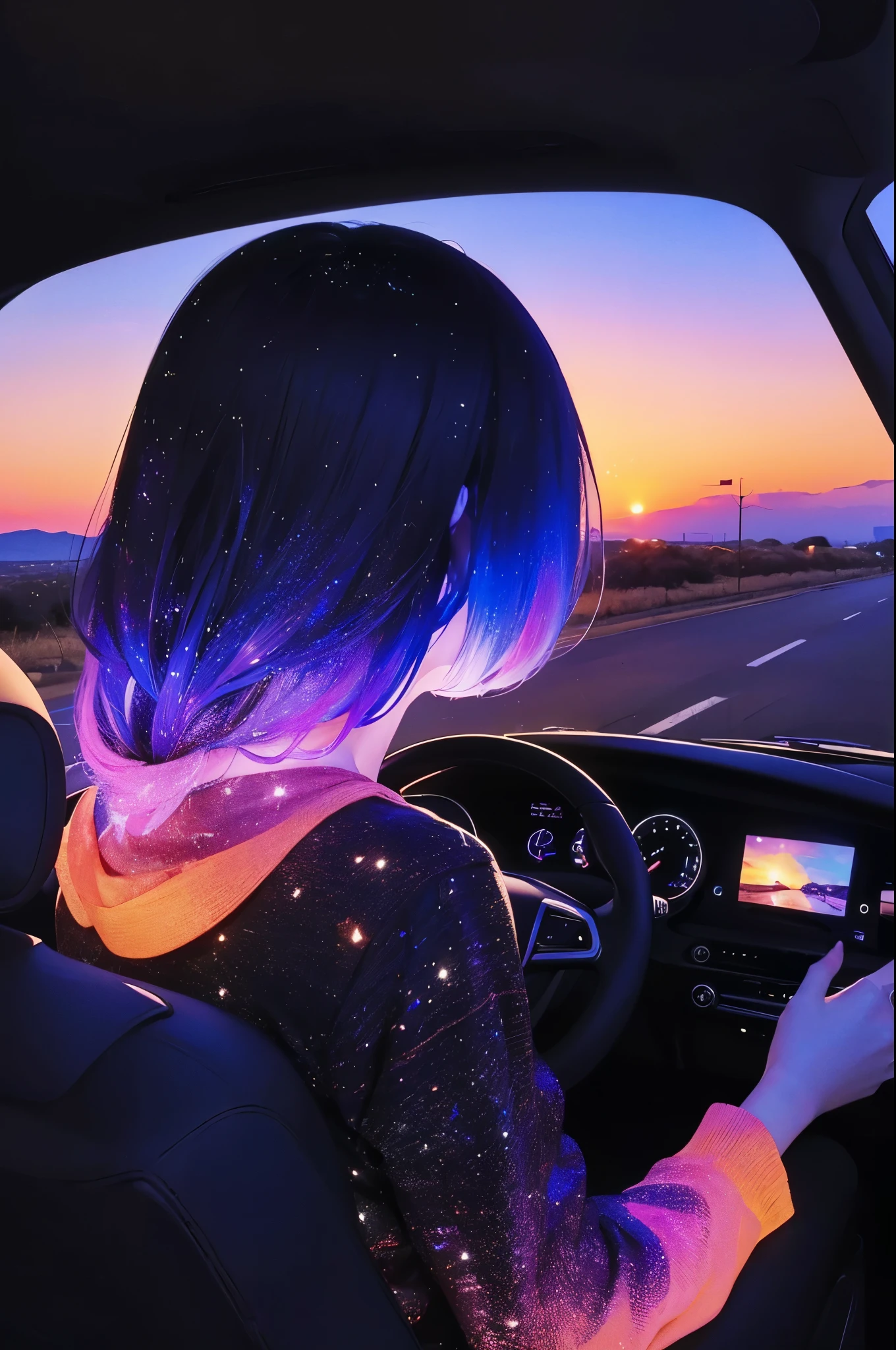 Theme:Road Trip at Sunset, \Describe a road trip without drawing a car to drive\, An aesthetic sunset shrouded in darkness, Moonless sky, 0__11Xx _illu, Written with an illumination pen, Rear view of woman driving, dyed in aesthetic sunsets, A beautiful trip where you can feel the slow flow of time..., Ultra-compact, The ultimate high resolution, Premium quality