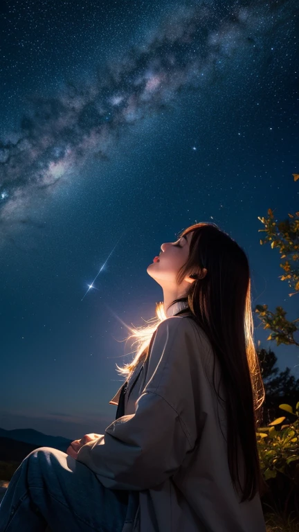In the starry night sky、Woman sitting looking up at night sky - SeaArt AI