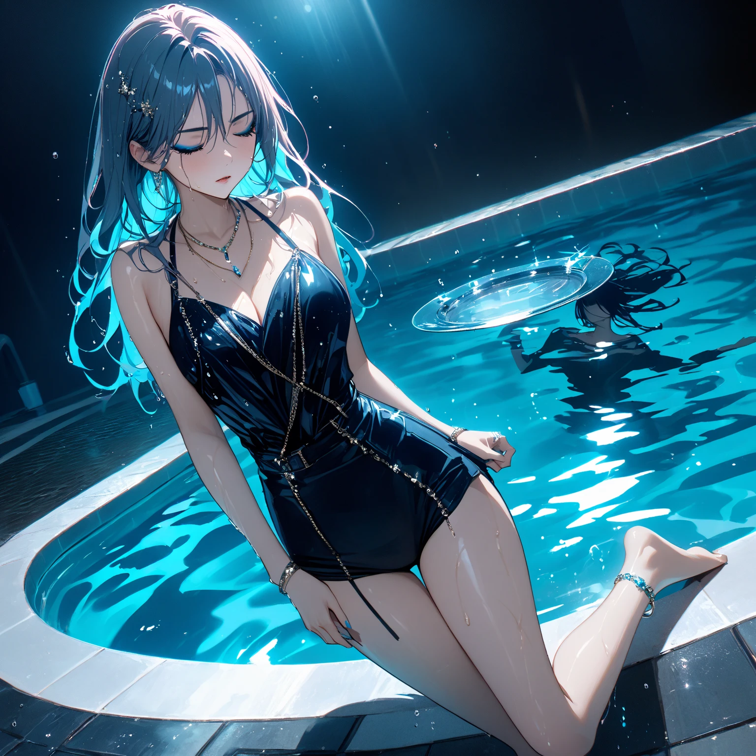 abyssal、Sinking Beauty、In the water、Man sinking to the bottom of the sea、beautiful man、Luxurious atmosphere、dimmed lights、murky、mystic atmosphere、Deep-sea fish