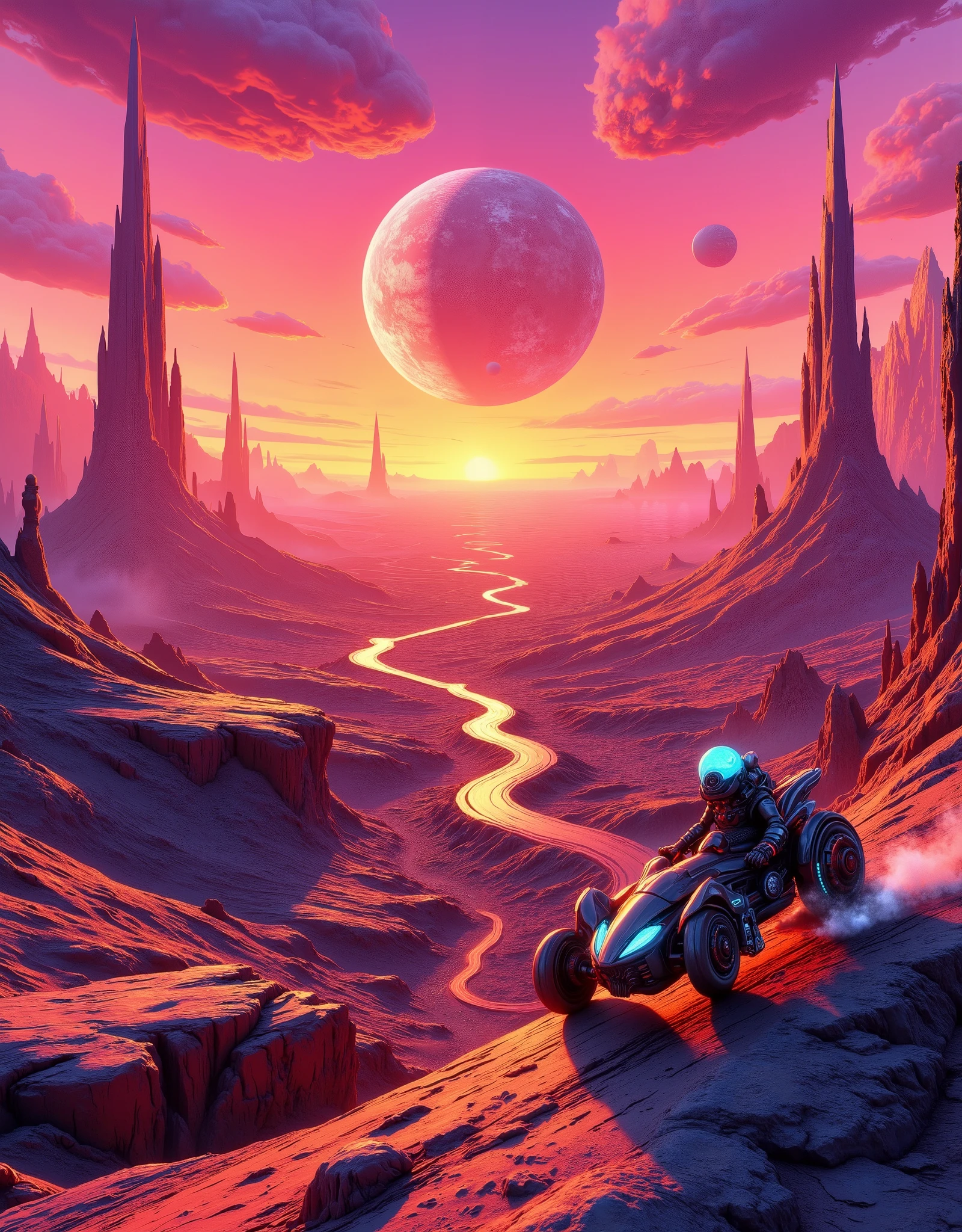 Sunset on a fantastic planet. Incredible colors. The road between the craters. Space quad bike. The cyborg is driving. Digital art