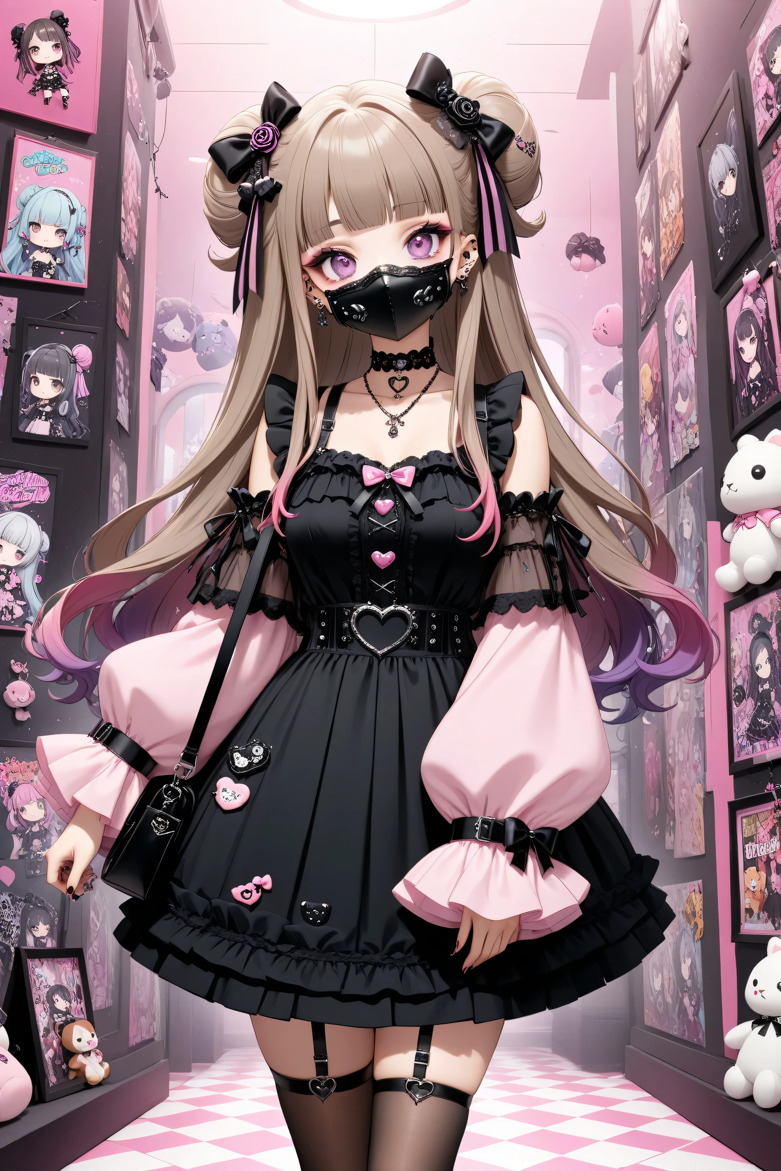A young girl with a Jirai-kei (edgy/gothic Harajuku) fashion style, featuring long, She has large, She wears a frilly, Ruffled pink shirt with a pale collar with lace details, a short pleated skirt, and thigh-high stockings with ribbons. Her accessories include multiple piercings, a choker, and plush keychains hanging from her bag. The background is a soft pink aesthetic room with plushies and posters.gradient hair color、Black mask, straight brown hair