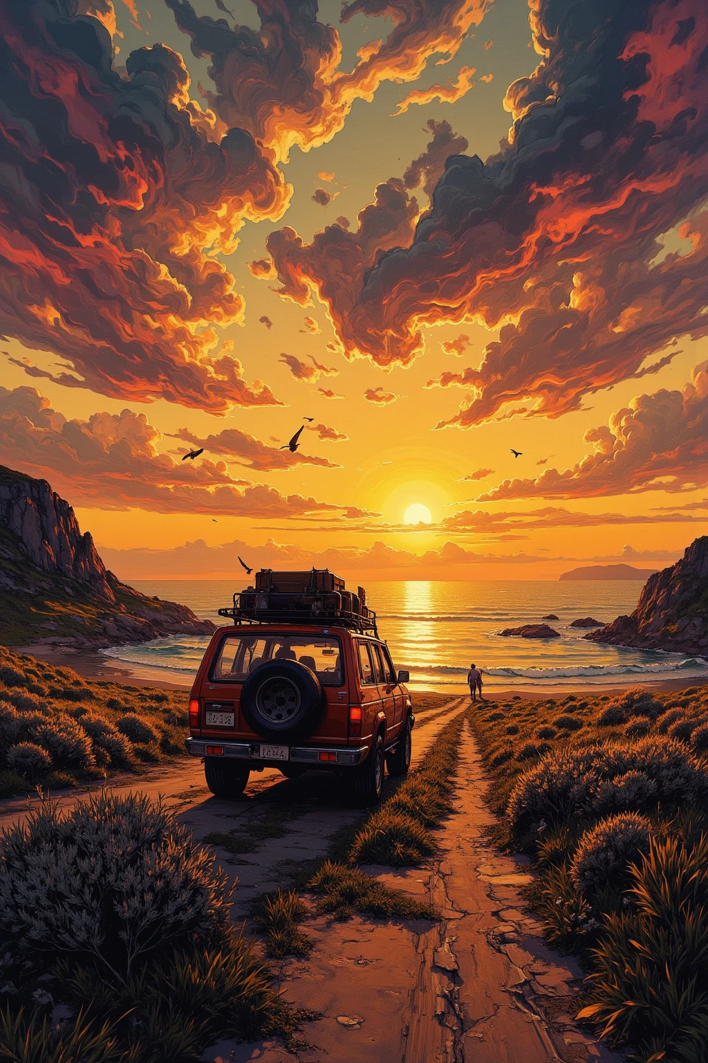  A car running towards the sunset(4WD)'s art, The roof carrier is loaded with luggage,the road continues into the sunset,Emphasize perspective ,the part close to the sunset、the farther part spreads, the sunset is reflected on the ground or water surface(Path of Light)Make,waves that clearly understand the ocean, swaying grass and flying birds,the sky is expressed in gradation、uses yellow, orange, pink, and purple,Put shadows in the clouds、I can feel it Angle it like this {x} highlight the part where the light shines in yellow, the car is arranged in a position based on the golden ratio、movement,fantastic and hallucinatory art,Highly Detailed Amazing Art,