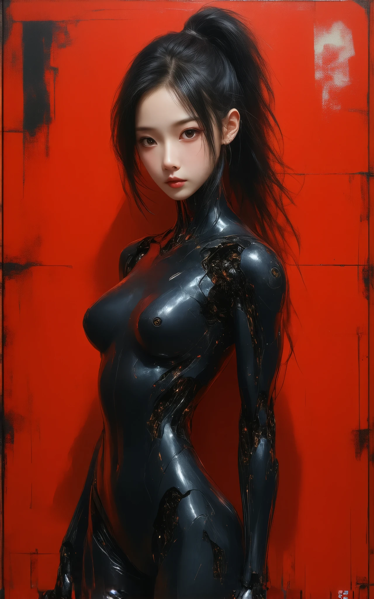 Exquisite 3d manga techno cyborg 3d ainme model, super soldier and concubine, ashtonishing and iconic, Masterpiece, spectacular anime 3D photorealism. score_9, presenting the amazingly gorgeous MIKO a beautiful Japanese techno cyborg 3D anime machine human, shot against a distressed red wall,torn and ripped white distrssed japanese kanji lettering, sexy animetion::1.6, distressed black bodysuit, tight fitting, c-cup breasts, stylish black carbon fibre and matte black and red steel mechanical robotic neck, intricate details, her futuristic ghost body shell is has been designed by Hanka Robotics, a sexy kunouchi synthetic human cyborg anime 3d girl, shes breathtakingly beautiful with an attractive face, (she has awesome white futuristic engraved tattoos on black metal frame, immaculate proportions, cute scifi japanese pop culture shinobi girls, perfect facial features, very attractive, Miko is also a cyber-supermodel, (((OMG her beautiful dazzling hazel green eyes))), (intriguing, enigmatic, intricate detailing with retro futuristic gothic cyberpunk body mech, black latex tactical techwear bodysuit, (arnold render, maya modelling, zbrush, (exquisite material design),animated 3D machine manga, created by the elusive, poison pill project(trip-p), lovrz-ovrdoz, intricate details, stylish, spectacular artistic fusion, shallow depth of field, close up. Stylish japanese avant garde anime technopunk, a neo-gothic cyberpunk retro renaissance character art, underground futuristic industrial anime. Balanced cinematic lighting, offset noise, high contrast light, dramatic and intense, extraordinary and poetic symmetry, balanced proportions.