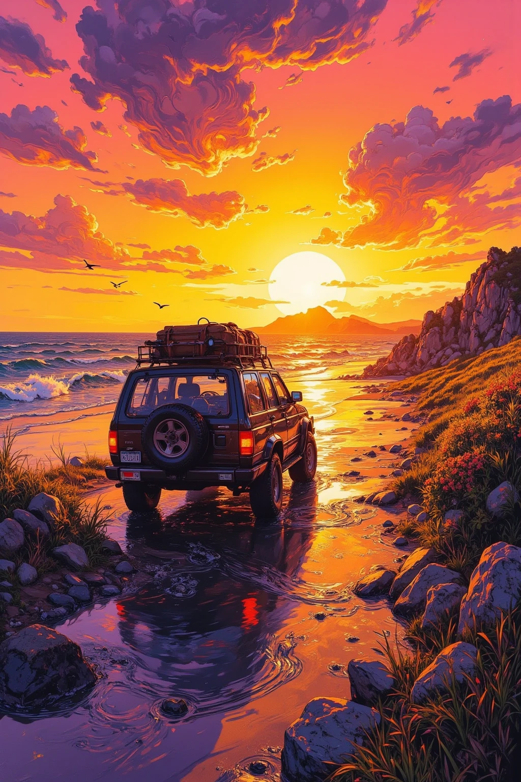  A car running towards the sunset(4WD)'s art, The roof carrier is loaded with luggage,the road continues into the sunset,Emphasize perspective ,the part close to the sunset、the farther part spreads, the sunset is reflected on the ground or water surface(Path of Light)Make,waves that clearly understand the ocean, swaying grass and flying birds,the sky is expressed in gradation、uses yellow, orange, pink, and purple,Put shadows in the clouds、I can feel it Angle it like this {x} highlight the part where the light shines in yellow, the car is arranged in a position based on the golden ratio、movement,fantastic and hallucinatory art,Highly Detailed Amazing Art,
