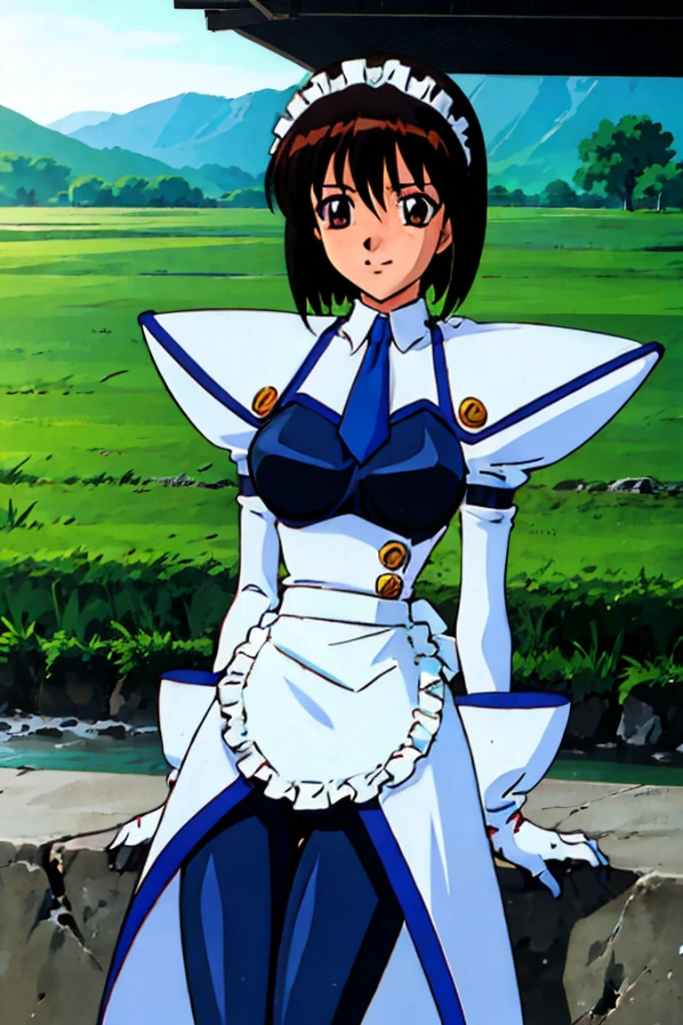 masterpiece,highest quality,Super detailed,32K,High resolution,an extremely delicate and beautiful,Official Art,Perfect Anatomy,(solo:1.5), Contrasting colors,octane rendering,Fully painted,anime coloring,anime screencap,Cel-shaded anime,retro artstyle,1990s \(style\),90s anime,90s anime style, perfect face,ultradeTailed eyes,beautiful,sexy,supermodel,athletic body,shiny skin,Dramatic light,(scale to fit the dimensions:1.2),
koutetu_tenshi_saki,battle_costume,apron,gloves,short hair, maid, maid headdress, bangs, breasts, necktie, waist apron, puffy sleeves,red eyes,, white gloves, dress, long sleeves, elbow gloves, 1990s (style), frills, ascot, blue necktie,white apron,medium breasts,black_pantyhose,smile,
field,sitting, spread legs,