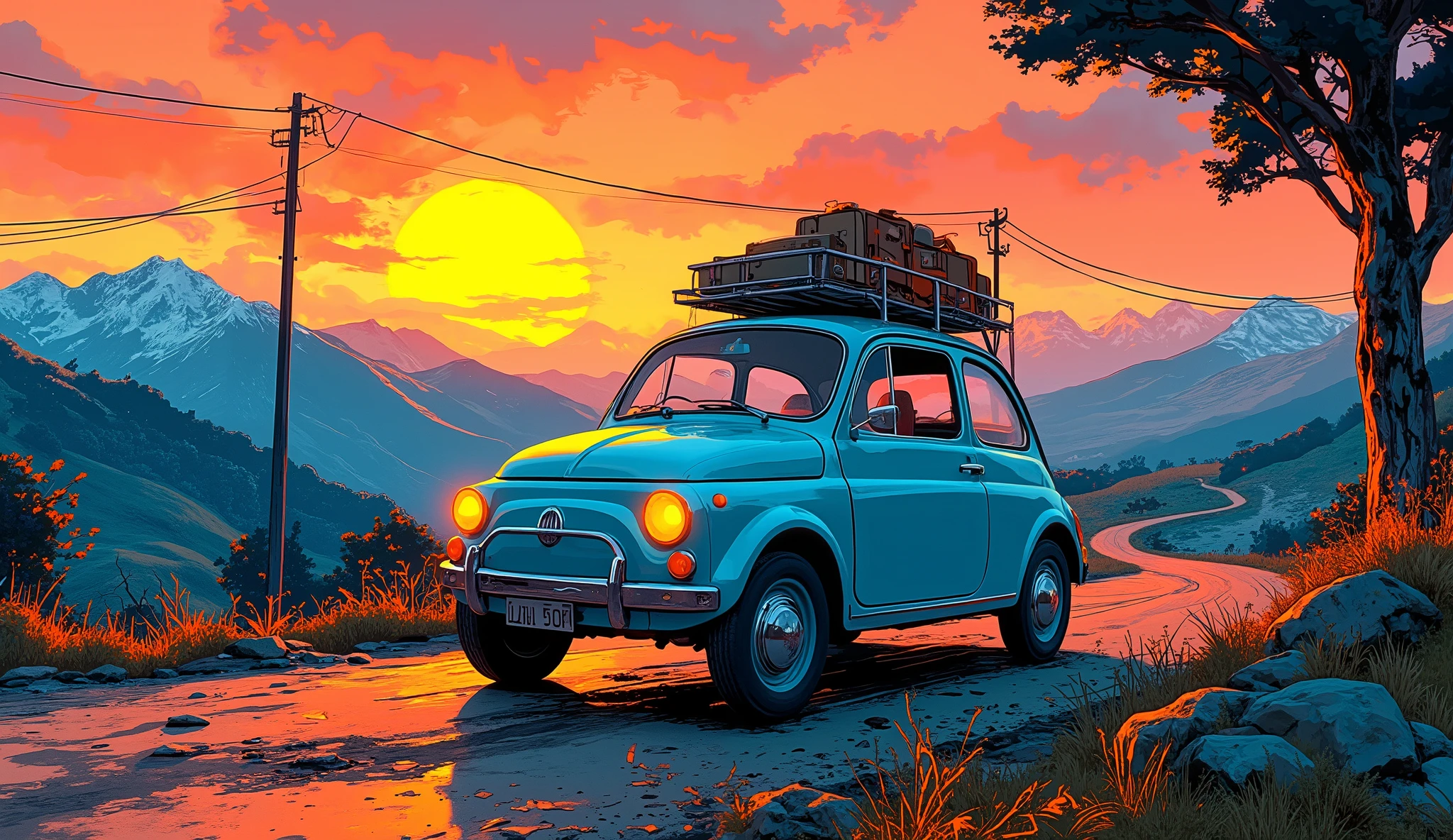 a fiata 500 car with luggage on roof rack driving on a mountain road with sunset background, detailed car, realistic 3d rendering, ultra-detailed, (best quality,4k,8k,highres,masterpiece:1.2),ultra-detailed,(realistic,photorealistic,photo-realistic:1.37),vivid colors,warm lighting,dramatic lighting,cinematic,beautifully detailed, stunning scenery, rolling hills, lush greenery, vibrant sunset sky