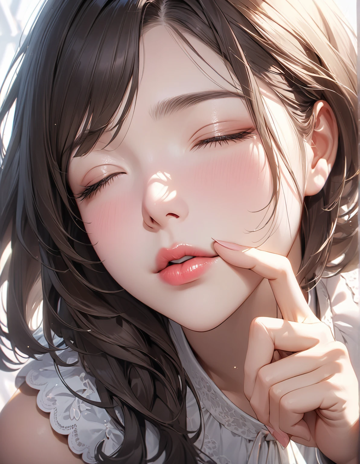 、Realistically、((11 year old girl))、(((Licking fingers)))color々Wearing a T-shirt,Face Enhancement,,Accentuate your cleavage,Looking up from below,Blushing,Red lips,sexy,Besit,Please open your mouth wide、Place your arms behind your head、Wear underwear