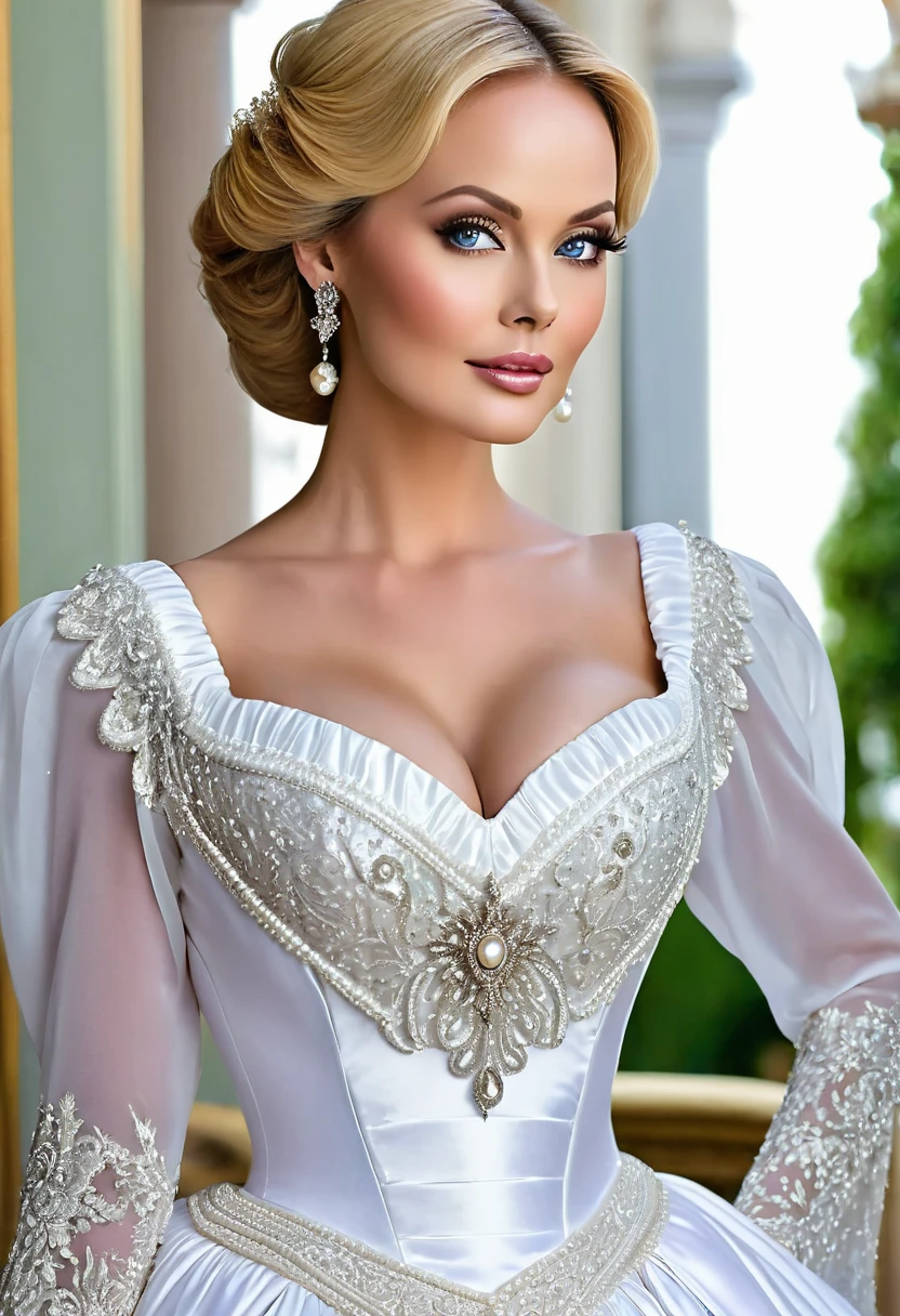 A beautiful Aristacrat goddess with large elegant, hawk-like-nose, who embodies old fashioned class, sophistication, elgance as well as wholesome, natural beauty. curvy, very very very thin-waist, wide-hips, swaying-hips. Laura Vandervoort. Oppulent historically accurate victorian dress. very seductive and perverful.whole body,full body shot, very voluminous long eyelashes, pink shiny lipgloss, half open mouth, platin blonde hair, white dress with ruffles and puff,wearing a hoopslkirt, dress made of lace