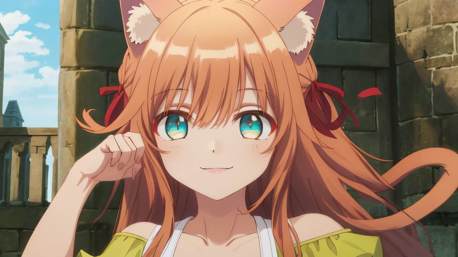 {{{masterpiece}}}, (best quality:1.5), (ultra-detailed:1.5), {illustration}, {{an extremely delicate and beautiful}}, (beautiful detailed eyes:1.6), absurdres, highres, extremely detailed face, 16k, hd, visual anime de uma jovem mulher, extremamente bonito rosto de anime, anime melhor garota, (perfect hands, perfect anatomy), anime face, Kanade(Beast Tamer), kanade, cute face, cat girl, cat ears, light brown hair, very long hair, bangs, sidelocks, red hair ribbon, Big eyes, green eyes,(High resolution eyes, Beautiful eyes, Light in the eyes), medium breasts, big hips, BREAK, shoulderless shirt, off-shoulder shirt, clavicle, short sleeves, puffy sleeves, white dress, green shirt, brown belt, one pouch, white skirt, medium skirt, BREAK, smiling, flushed cheeks, (portrait:1.5), outdoor, Medieval Europe, daytime, building, (covering chest by hand:1.5), medium close-up shot