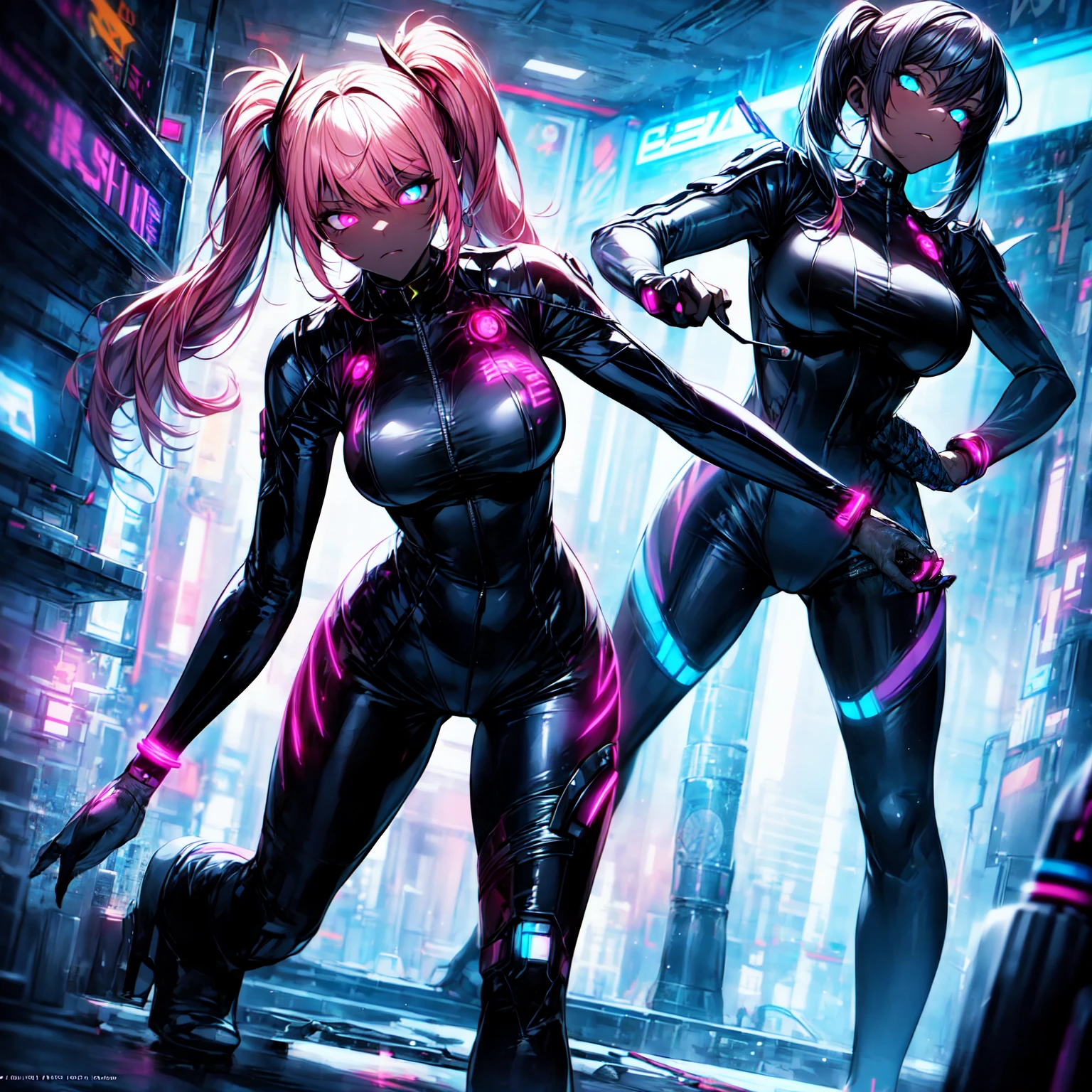 neon cyberpunk strip club, 2 females cyber stippers giving a lap dance