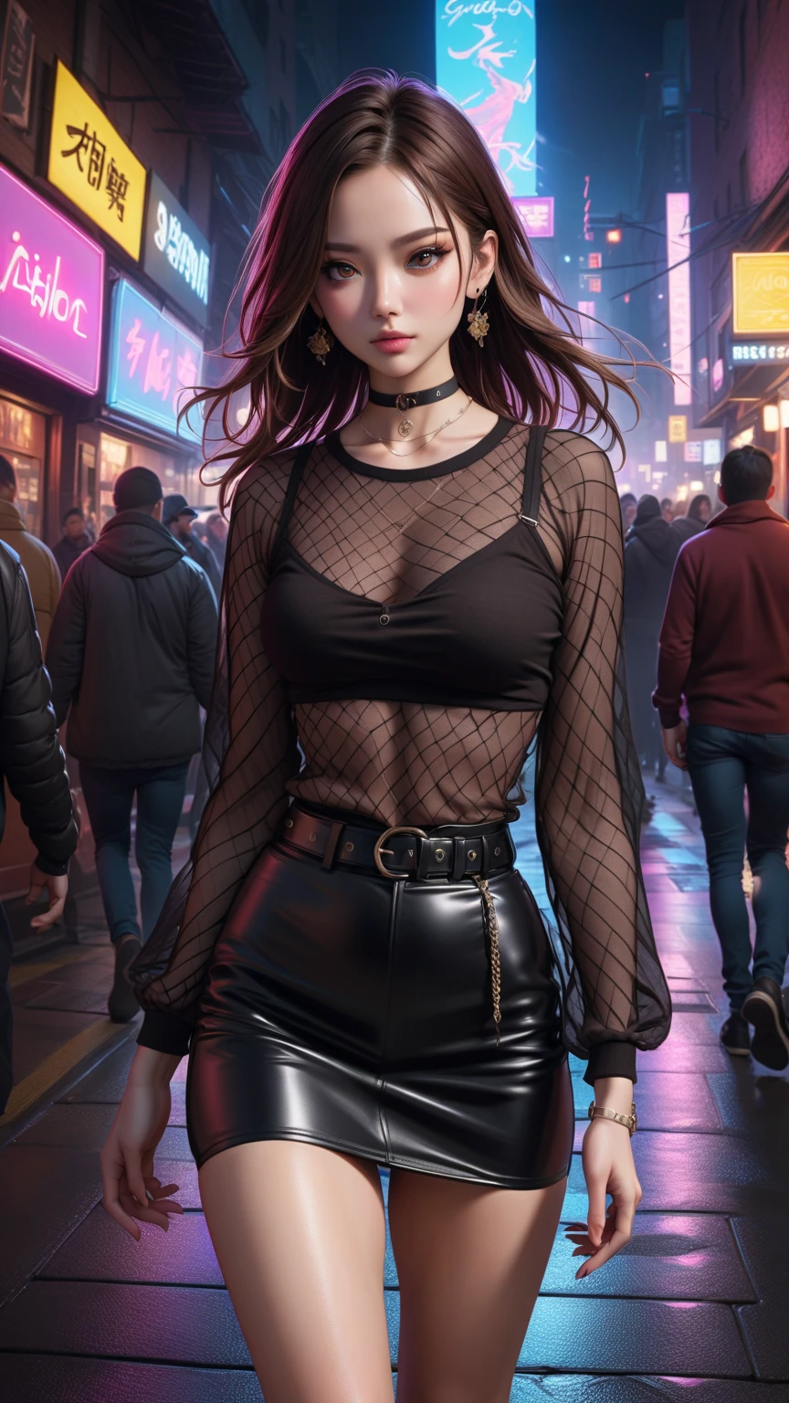 1 beautiful girl. Long curly hair flowing behind her back. Seductive smirk. Tight black jeans. Black crop top. Black High heels. Black faux fur jacket. Hazel coloured eyes. Hands in pockets. One leg crossed infront of the other. Standing in an Edgy urban alley. Modern city. Night time. Illuminated by neon signs from a nearby gas station. Pavement glistening from recent rain. Rain puddles on the pavement. 