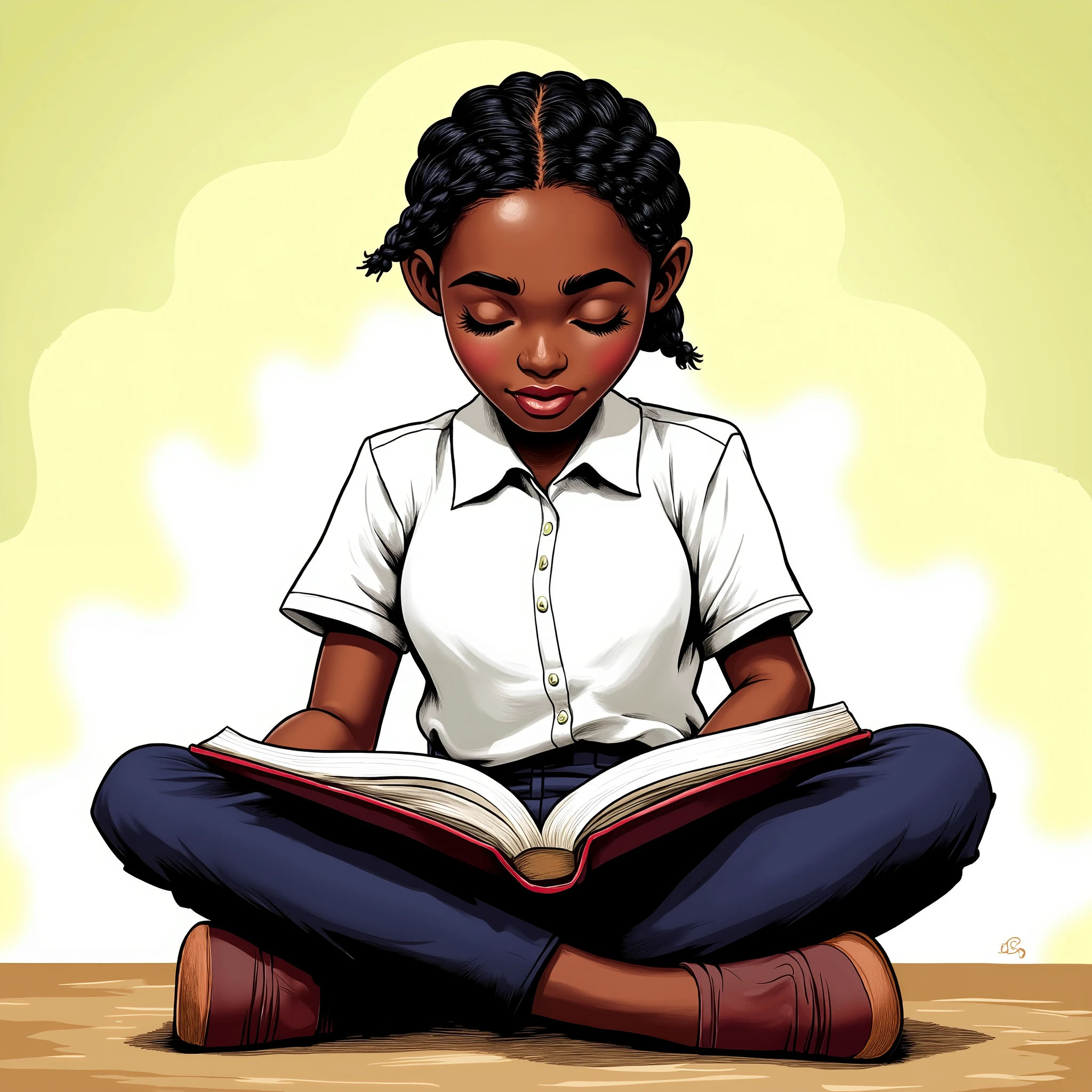 An African girl sits cross-legged on the ground, deeply focused on reading a verbal reasoning textbook. She has neatly braided short black hair and wears a well-ironed school uniform—possibly a crisp white shirt and a navy blue skirt (or any traditional school uniform colors). Her expression shows concentration and curiosity as she engages with the book. The background is calm and inviting, possibly an outdoor school setting or a simple gradient that emphasizes her as the main subject. The scene is colorful but balanced, ensuring the book remains the focal point.