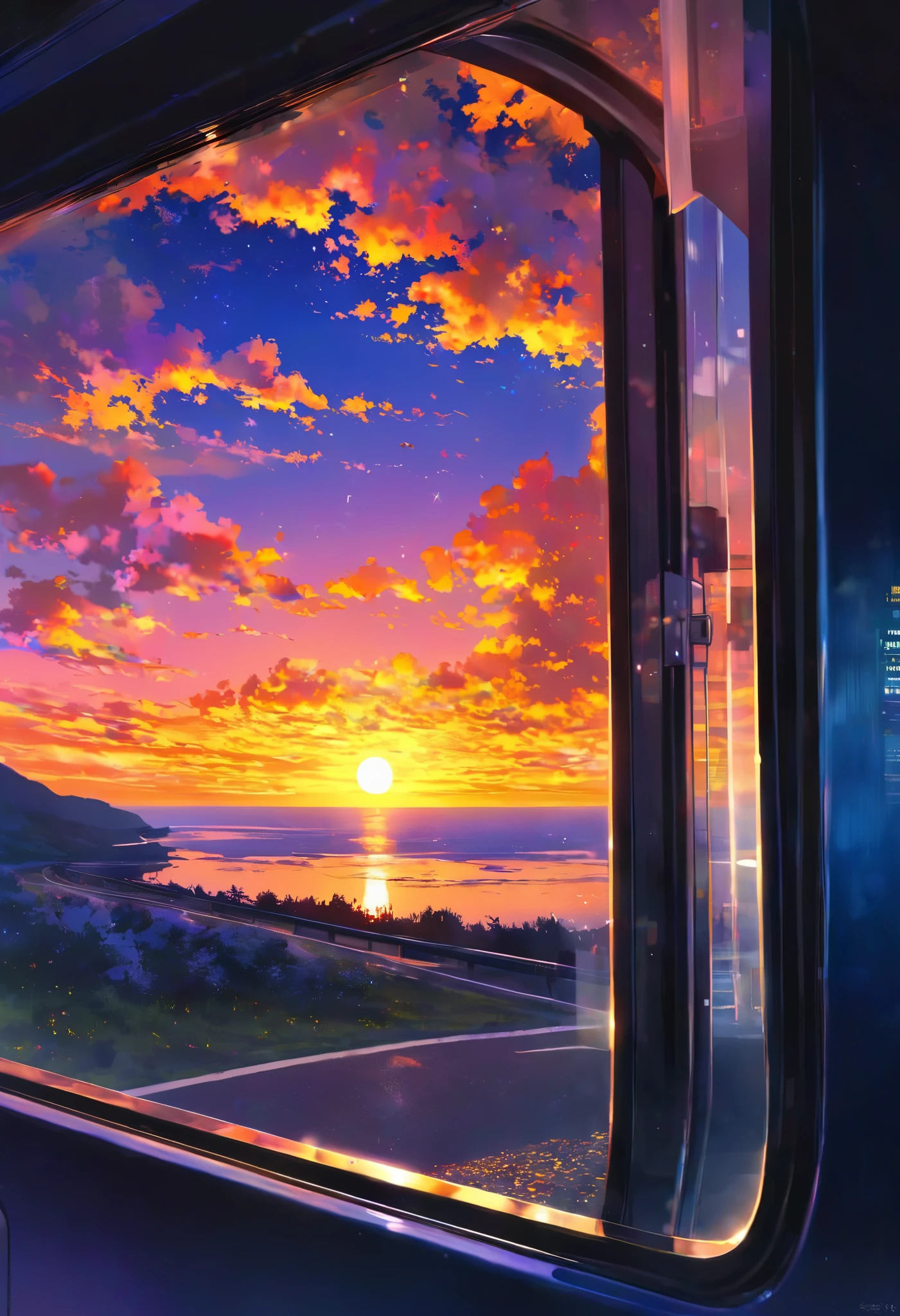 cinematic , Realism, absurd sunsets form roads, Driveway represented only by sunsets, Moonless sky, 0__11Xx  _illu, Written with an illumination pen, break (When you get on a night bus, BREAK Detailed back view of a night bus aiming for night), BREAK The moment when the sunset emits only little light creates fantastic darkness, A beautiful trip where you can feel the slow flow of time...