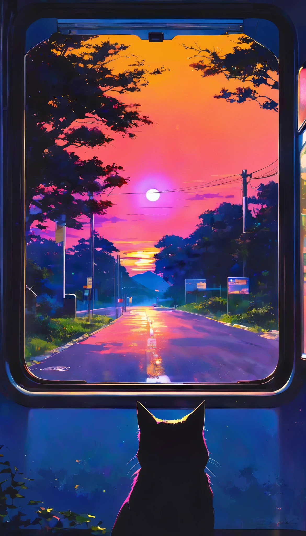 cinematic , Realism, absurd sunsets form roads, Driveway represented only by sunsets, Moonless sky, 0__11Xx _illu, Written with an illumination pen, break (When you get on a night bus, detailed back view of a night bus aiming for the night), BREAK The moment when the sunset emits only little light creates fantastic darkness, The long road leading from the bus stop, Back of the bus that ran away, Bus stop sign, Dyed in an aesthetic sunset, A beautiful trip where you can feel the slow flow of time...
