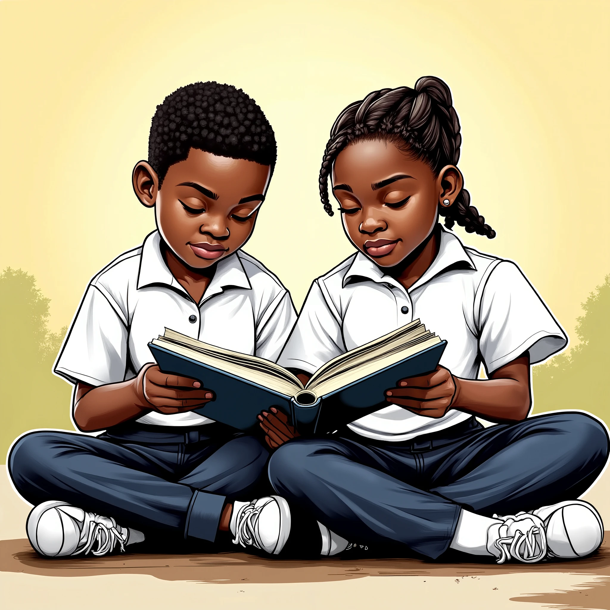 A young African boy and girl sit side by side on the ground with their legs crossed, fully engaged in reading a verbal reasoning textbook seperately. They are dressed in neat school uniforms—crisp white shirts and navy blue bottoms. The boy has well-shaped short black hair, while the girl has neatly braided short black hair. Their facial expressions reflect focus and curiosity as they read. The background is calm and inviting, possibly an outdoor school setting or a simple gradient that emphasizes the subjects. The scene is colorful but balanced, ensuring the book remains the focal point.