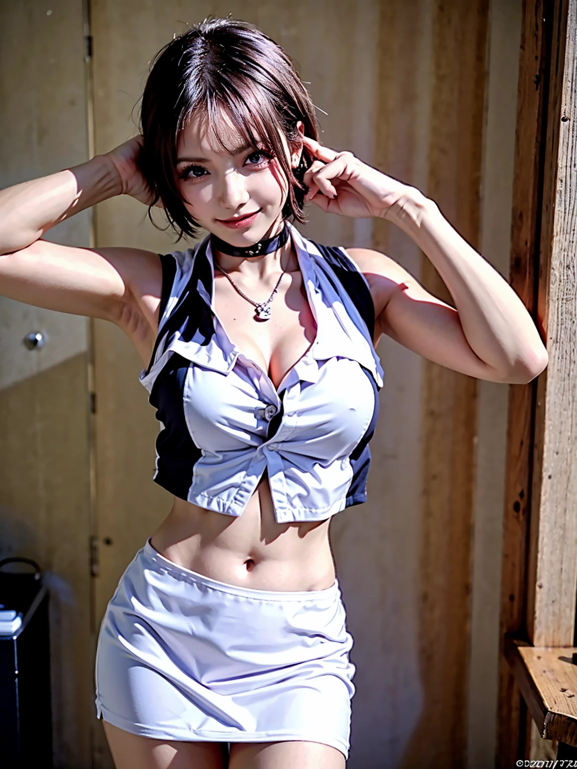 Street、((Two behind-the-scenes shots of you and your delivery guy..............、a picture:5man、You can see the back of the delivery man looking at you、Stand in front of the delivery man、I see the delivery man、Show underarms、Ultra-realistic armpits、Armpit、Navel、Detailed armpit wrinkles、Detailed armpit pores、Realistic armpit skin、Black armpit skin、Black armpits、armpit pose、gazing at viewer、smil、Full body armpits standing facing the viewer、Show both armpits、Wearing a sleeveless sweater and simple little panties、Stand straight facing the front、Show armpits、 (illustratio), (hight resolution), (8K), (ighly detailed), (The best illustrations), (armpit pose、Beautiful detailed eyes in red panties), (top-quality), (ultra-detailliert), (masterpiece), (wall-paper), (详细的脸、red lipsticks), (A smile、((40 years,red lipsticks,femele,Show realistic armpits))、Black hair,Bob Heyer,((Woman wearing purple biker patent suit and small red panties、Show the navel)), japanes,(Tall slim body、)