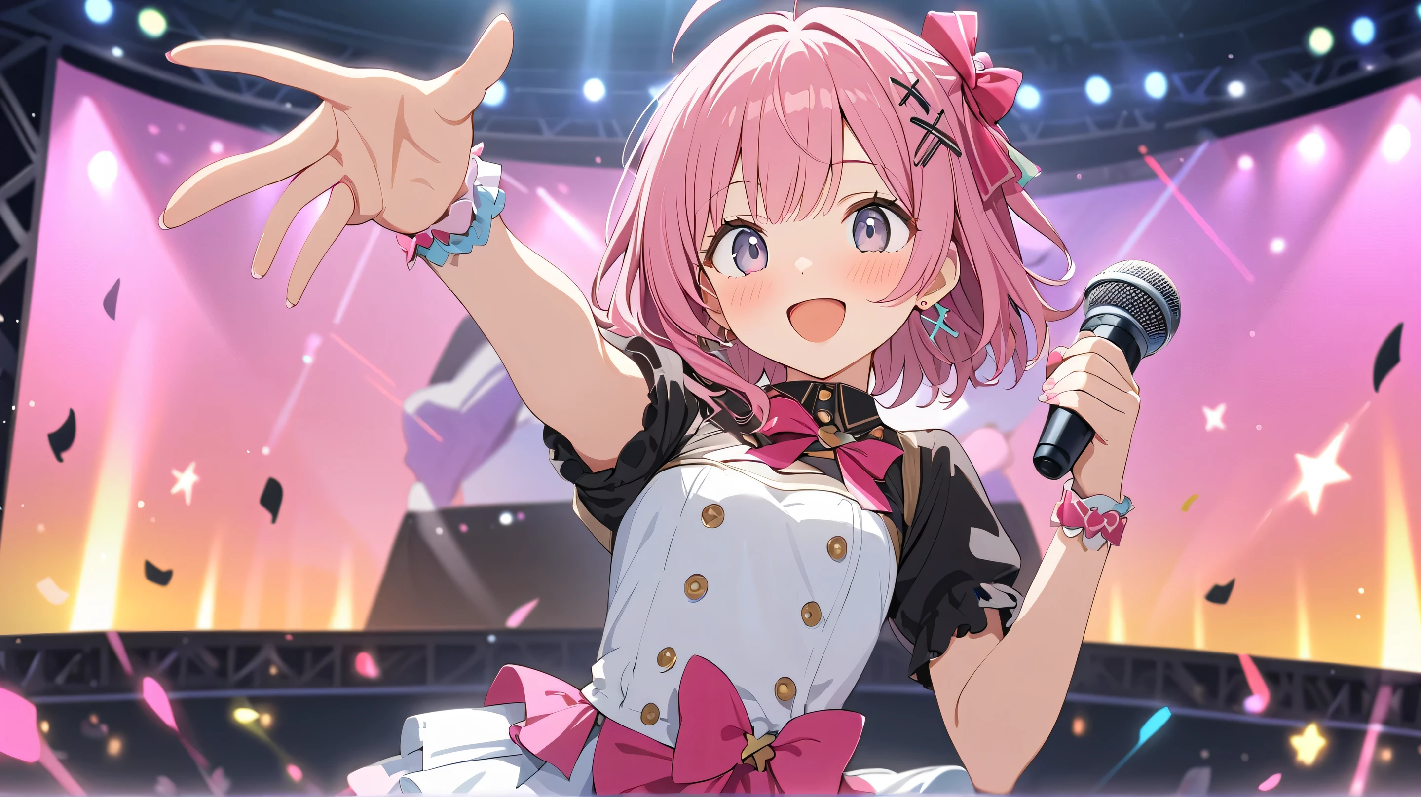 Source Anime, (Masterpiece), (Best Quality)), (Very Detailed), ((Cute)), (Amazing), (Detailed)), 4K, (8k), Highest Quality , (beautiful), perfect anatomy, ( (perfect hands)), (perfect fingers)
ultra-definition depiction, (("xrp"text background)),
break
1girl, Idol, 's ears oldhort hair, (( quick bangs))、round face、 sagitales、ahoge, pink hair, grey eyes, Idol costume, holding a microphone、hair bow, jumping, Concert venue, lit up, blushing, happy smile, right hand raised, open mouth, cute eyes, X's hairpin, circle earrings, natural make up