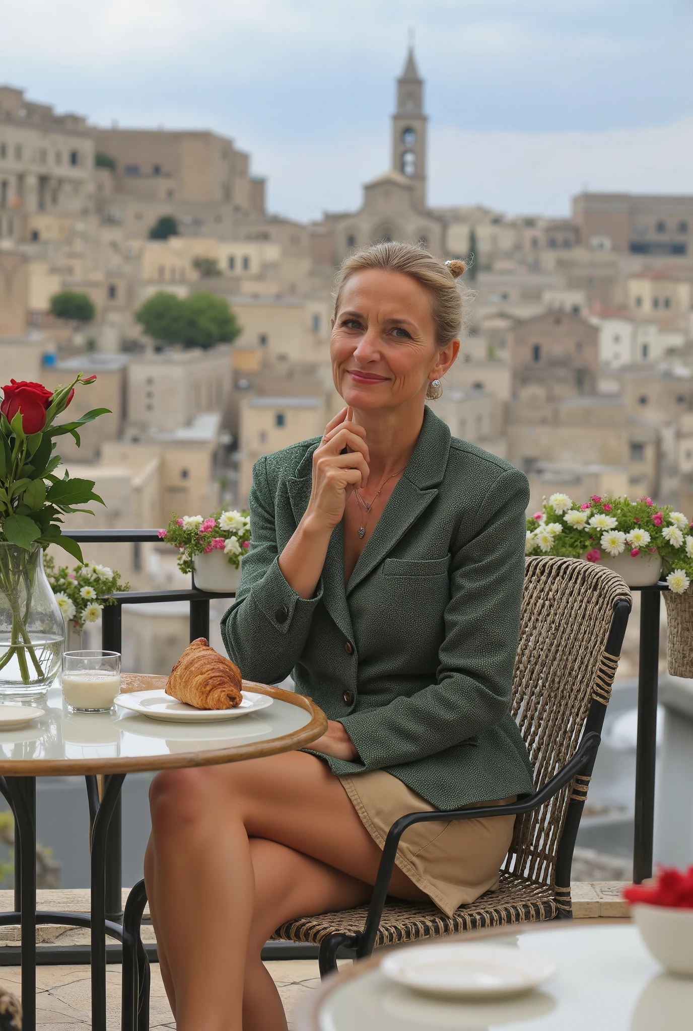 Italian woman /(elegant green tailleur)/ 55 years old hair gathered in a light blond bun.  On her head there secretary glasses.  Lips painted red .  In a green tweed suit .   Sits in an outdoor cafe on the terrace at a round glass table .  on the table a rose in a vase ,  and a cup of hot aromatic cappuccino , eats a croissant with her right hand  ,  in the distance Cathedral of Matera  .  Legs dressed in beige and brown shoes .  And a knee-length skirt Details ,  High resolution. looks at the viewer ,  full length photo , (( A huge tornado is approaching in the background - a tornado , destroying buildings and cars ,)), sassi_di_matera, /[UHD,masterpiece,very detailed,(super realistic skin:1.2),sharp focus,((skin marks,moles,smooth skin,real pores,moles on skin,stretch marks,natural skin:1.8)),Realistic skin details,skin imperfections,freckles,Visible pores,some blackheads on the skin,Skin with a little bit of hair,textured skin,high details,high quality]/.wet skin,[damp skin,humid skin,wet skin,skin moistened by sweat,dank skin,uncooked skin,sodden skin,soggy skin,dewy skin,moisture skin,humidity skin,moistness skin,wetness skin].