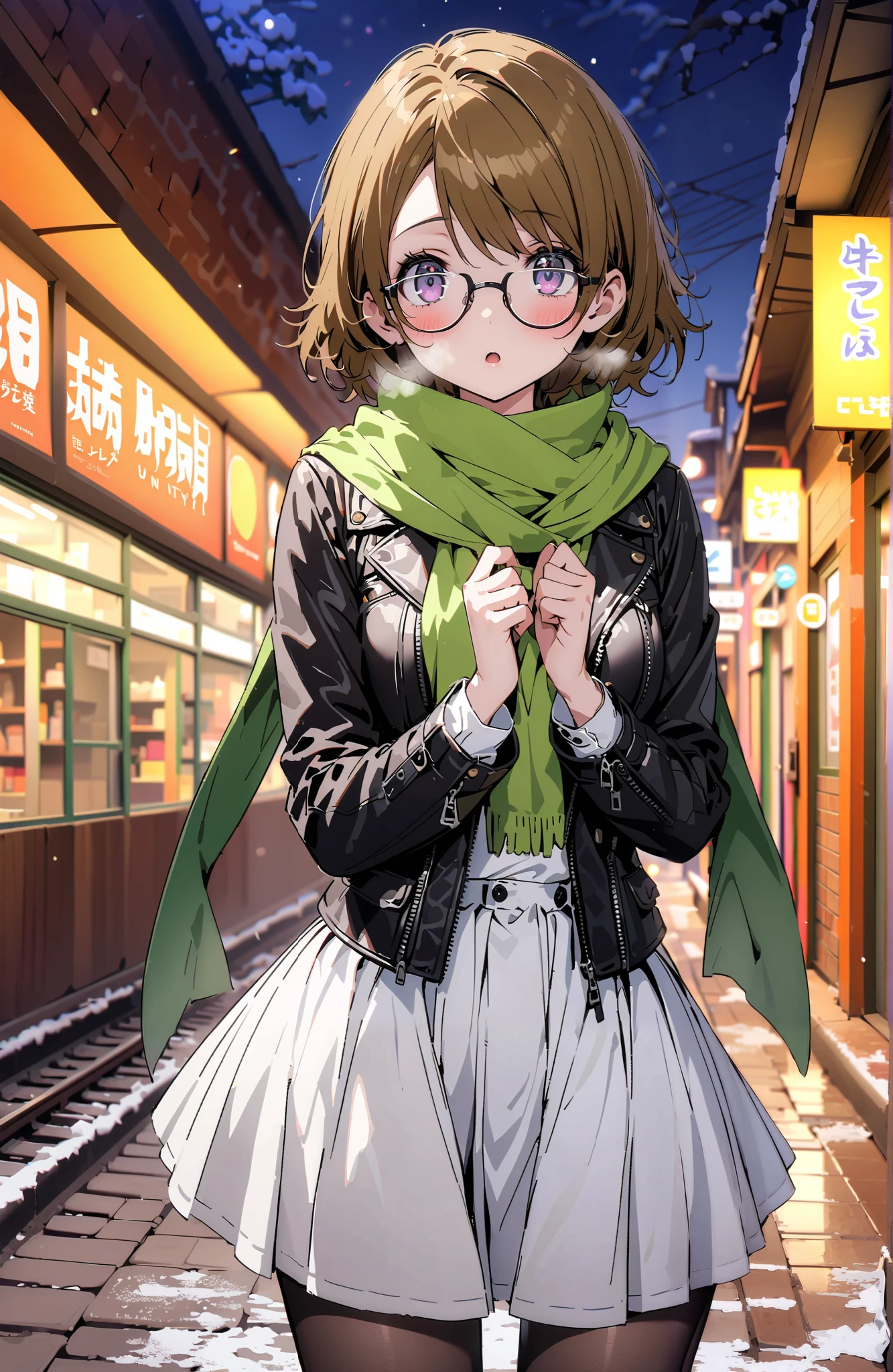 Hanayo Koizumi, short hair , brown hair, purple eyes,Glasses,blush, open your mouth, White Breath,green scarf,black coat, white long skirt,black pantyhose, Bbo~, standing,snow,night,綺麗なnight景, Beautiful Streetscapes,whole bodyがイラストに入るように,
break outdoors, bridge,
break looking at viewer,whole body,
break ( Masterpiece:1.2), best quality , kampala, Unity 8K Wallpaper ,(shape:0.8),( fine, beautiful eyes :1.6),It's a person ,whole body写真,CG Details , ( perfect hands, complete anatomy),,