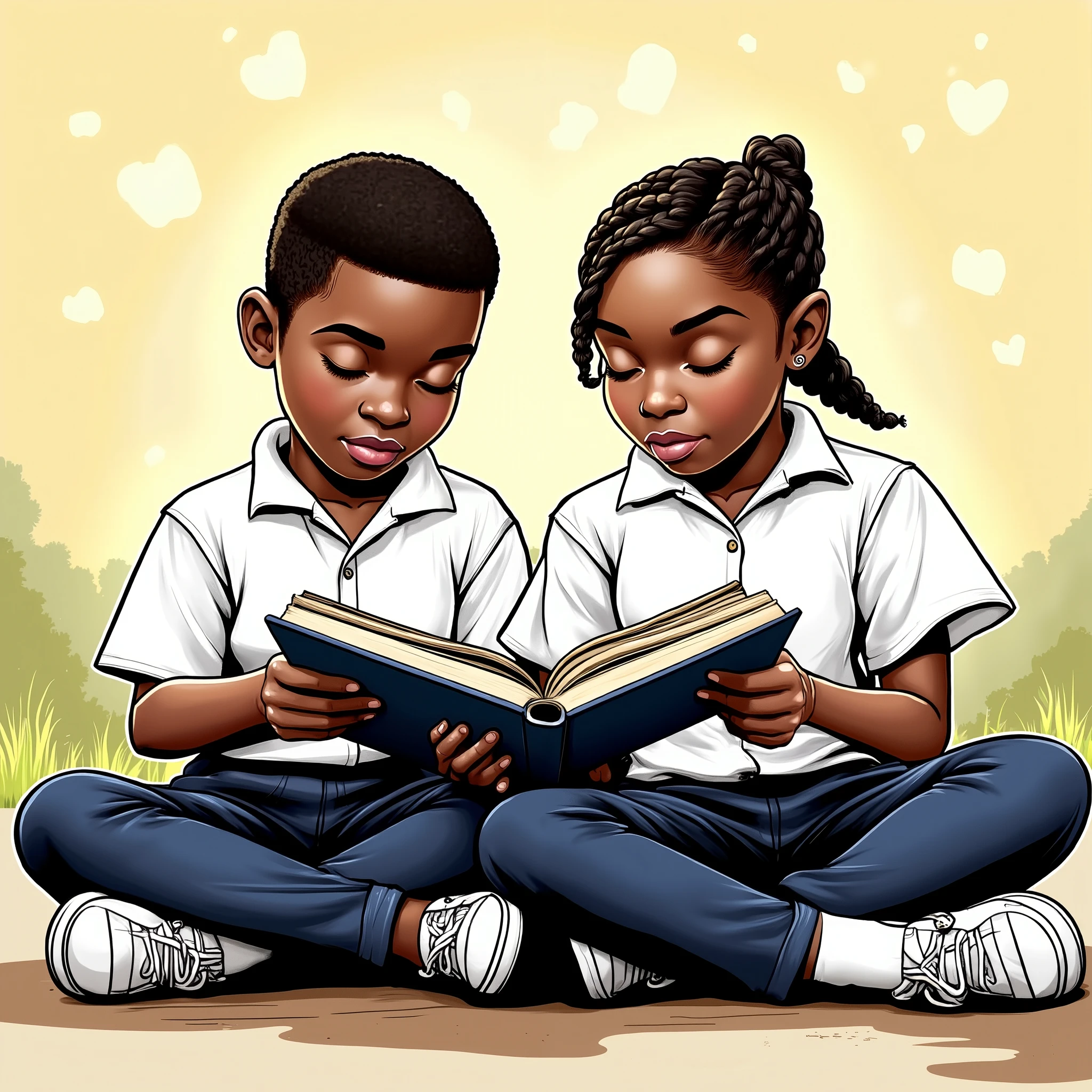 A young African boy and girl sit side by side on the ground with their legs crossed, fully engaged in reading a verbal reasoning textbook seperately. They are dressed in neat school uniforms—crisp white shirts and navy blue bottoms. The boy has well-shaped short black hair, while the girl has neatly braided short black hair. Their facial expressions reflect focus and curiosity as they read. The background is calm and inviting, possibly an outdoor school setting or a simple gradient that emphasizes the subjects. The scene is colorful but balanced, ensuring the book remains the focal point.