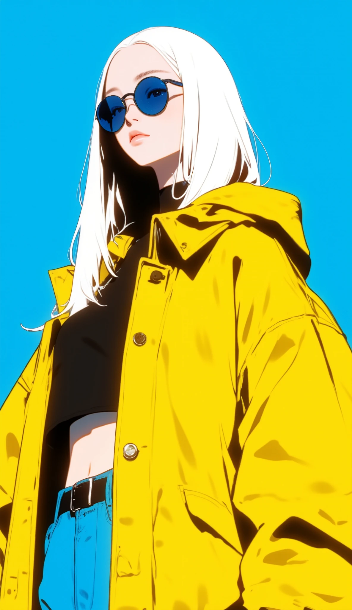 A stylish anime-style woman with long, sleek white hair, wearing round blue sunglasses and a vibrant oversized yellow jacket. The background is a solid bold blue color, creating a striking contrast. The illustration has a clean, sharp, and minimalistic aesthetic, with high contrast shadows and bold black outlines. Inspired by retro-futuristic 80s anime and modern pop-art fashion