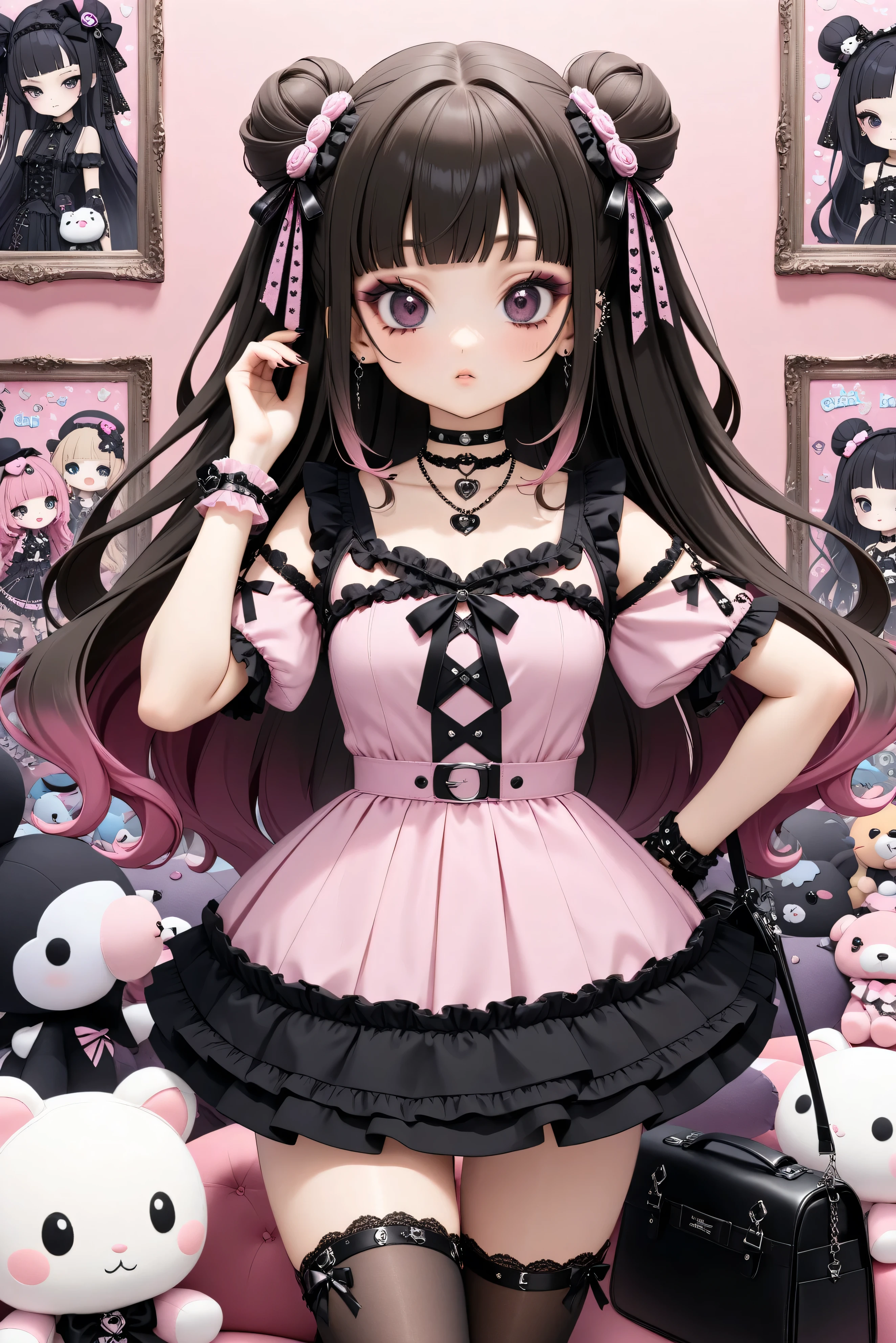 A young girl with a Jirai-kei (edgy/gothic Harajuku) fashion style, featuring long, She has large, She wears a frilly, Ruffled pink shirt with a pale collar with lace details, a short pleated skirt, and thigh-high stockings with ribbons. Her accessories include multiple piercings, a choker, and plush keychains hanging from her bag. The background is a soft pink aesthetic room with plushies and posters.gradient hair color、Black mask, straight brown hair