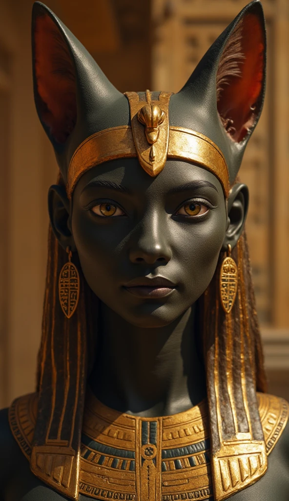 Bastet in a black outfit, sitting in the desert, with golden accents and a golden mask. The figure has blue eyes and an Egyptian-style appearance. This is a cinematic shot, captured with an ARRI camera and a Canon EOS L lens, using an f/8 aperture and ISO 100. --ar 9:16 --style raw --v 6.1