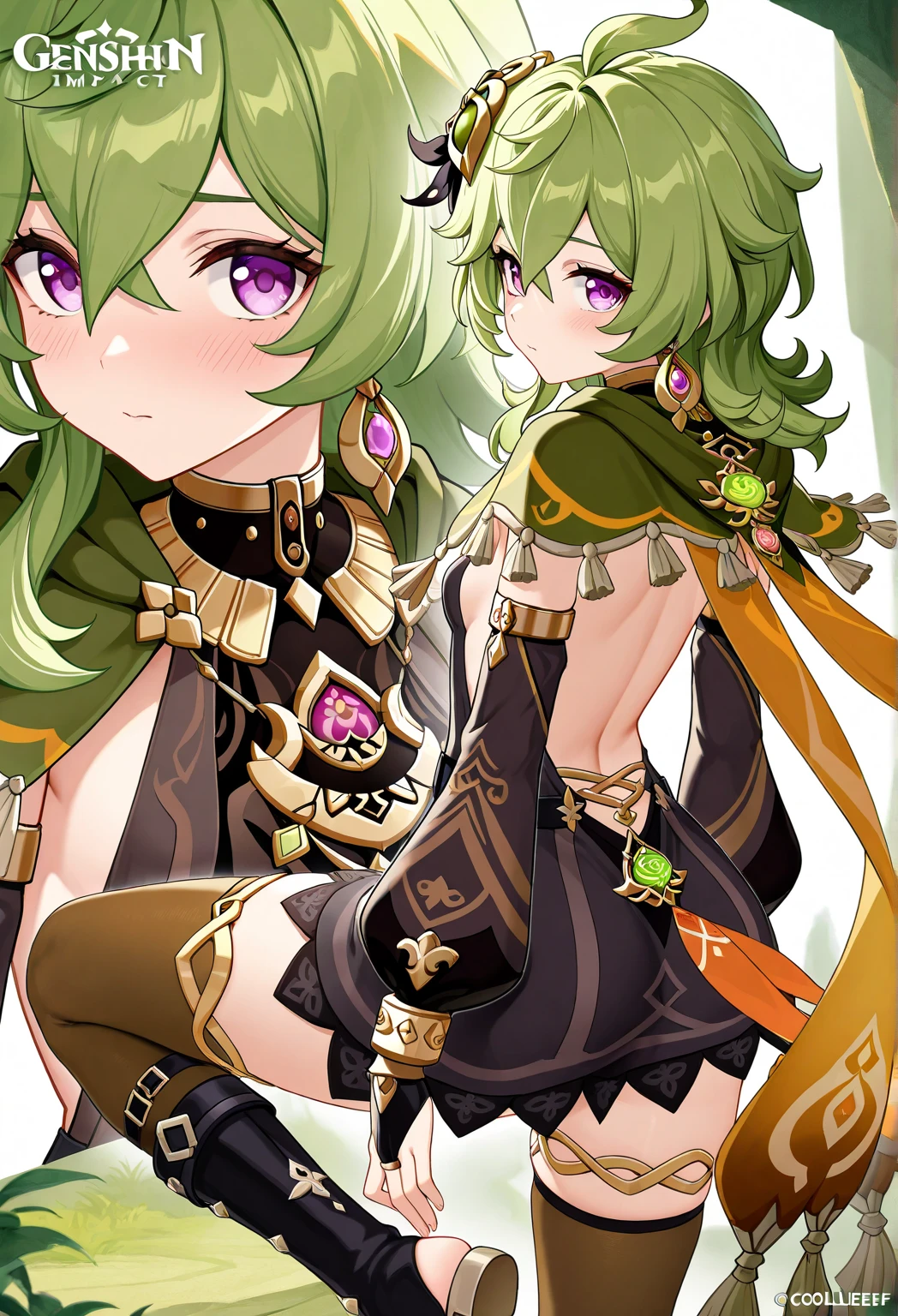 (((1girl))), <lora:colleiGenshinImpact_v10:1>
genshin_impact, collei_(genshin_impact), 1girl, bangs, black_footwear, boots, bow_(weapon), brown_thighhighs, capelet, closed_mouth, crossed_bangs, detached_sleeves, feet_out_of_frame, green_capelet, green_hair, hair_between_eyes, hair_ornament, high_heel_boots, high_heels, holding, holding_bow_(weapon), holding_weapon, logo, purple_eyes, solo, tassel, thighhighs, vision_(genshin_impact), weapon, huge chest