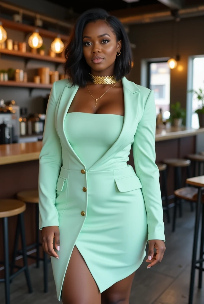 ((best quality)), ((masterpiece)), (detailed), perfect face, elegant african american, business casual green dress, in chic office, looking straight ahead, slightly smiling,
