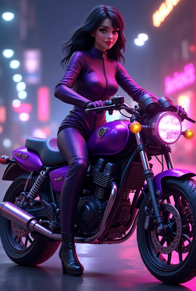 tres belle femme style ( Cyberpunk ) gros seins, tenue cyber, assise sur une moto dans la ville de nightcity