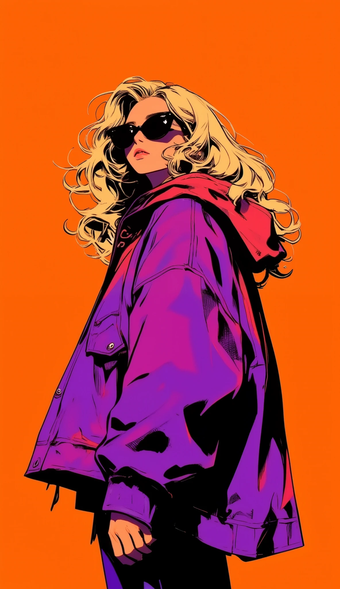 A stylish anime-style asian woman with long curly short blonde hair, wearing asthetic black sunglasses and a vibrant oversized purple-red jacket. The background is a solid bold orange color, creating a striking contrast. The illustration has a clean, sharp, and minimalistic aesthetic, with high contrast shadows and bold black outlines. Inspired by retro-futuristic 90s anime and modern pop-art fashion