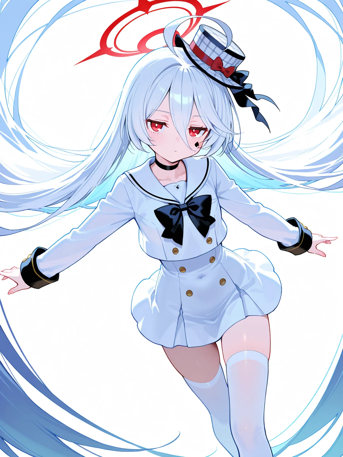 (Cute girl:1.5)，(White stockings:1.2+White color hair:1.2)，(cat ear:1.2)，a sailor suit，long whitr hair，red eyes，adolable，Bow headdress