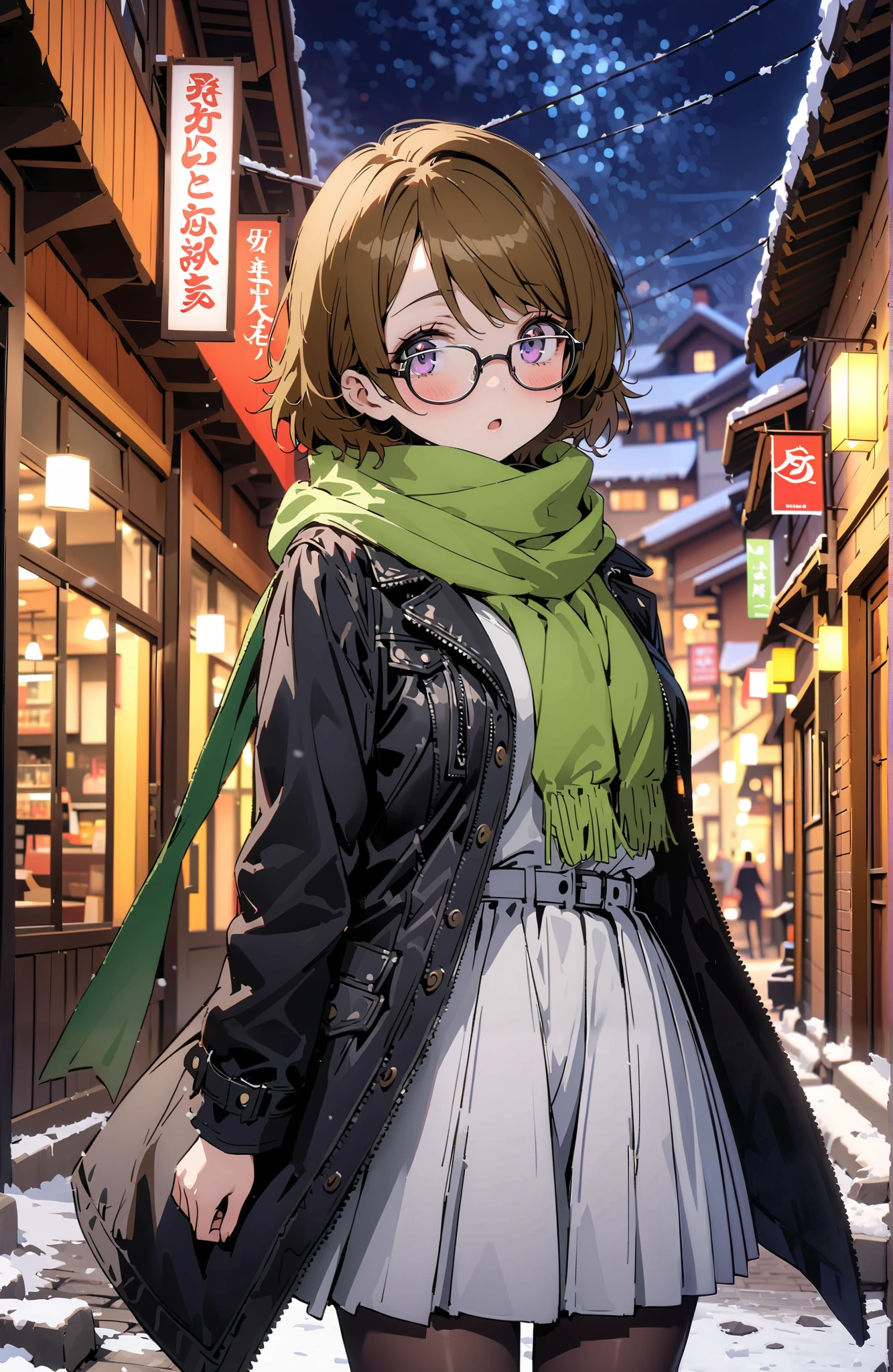 Hanayo Koizumi, short hair , brown hair, purple eyes,Glasses,blush, open your mouth, White Breath,green scarf, black down coat , white long skirt,black pantyhose, Bbo~, standing,snow,night,綺麗なnight景, Beautiful Streetscapes,whole bodyがイラストに入るように,
break outdoors, bridge,
break looking at viewer,whole body,
break ( Masterpiece:1.2), best quality , kampala, Unity 8K Wallpaper ,(shape:0.8),( fine, beautiful eyes :1.6),It's a person ,whole body写真,CG Details , ( perfect hands, complete anatomy),,