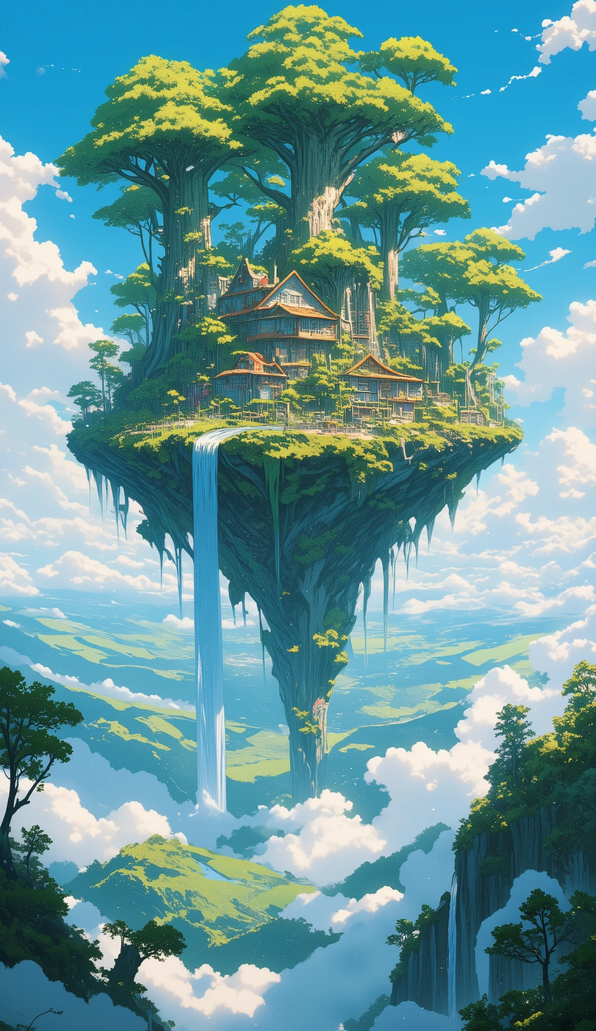 A floating island in the clouds and house trees, waterfall from the island, full of clouds below island.The sky is bright blue with fluffy white clouds, and in the distance, rolling green hills and valleys stretch towards the horizon. Sunlight filters through the leaves, casting warm, dappled shadows. The scene is in the style of Studio Ghibli-inspired anime, with a dreamlike, picturesque quality,high resolution 4k wallpaper 