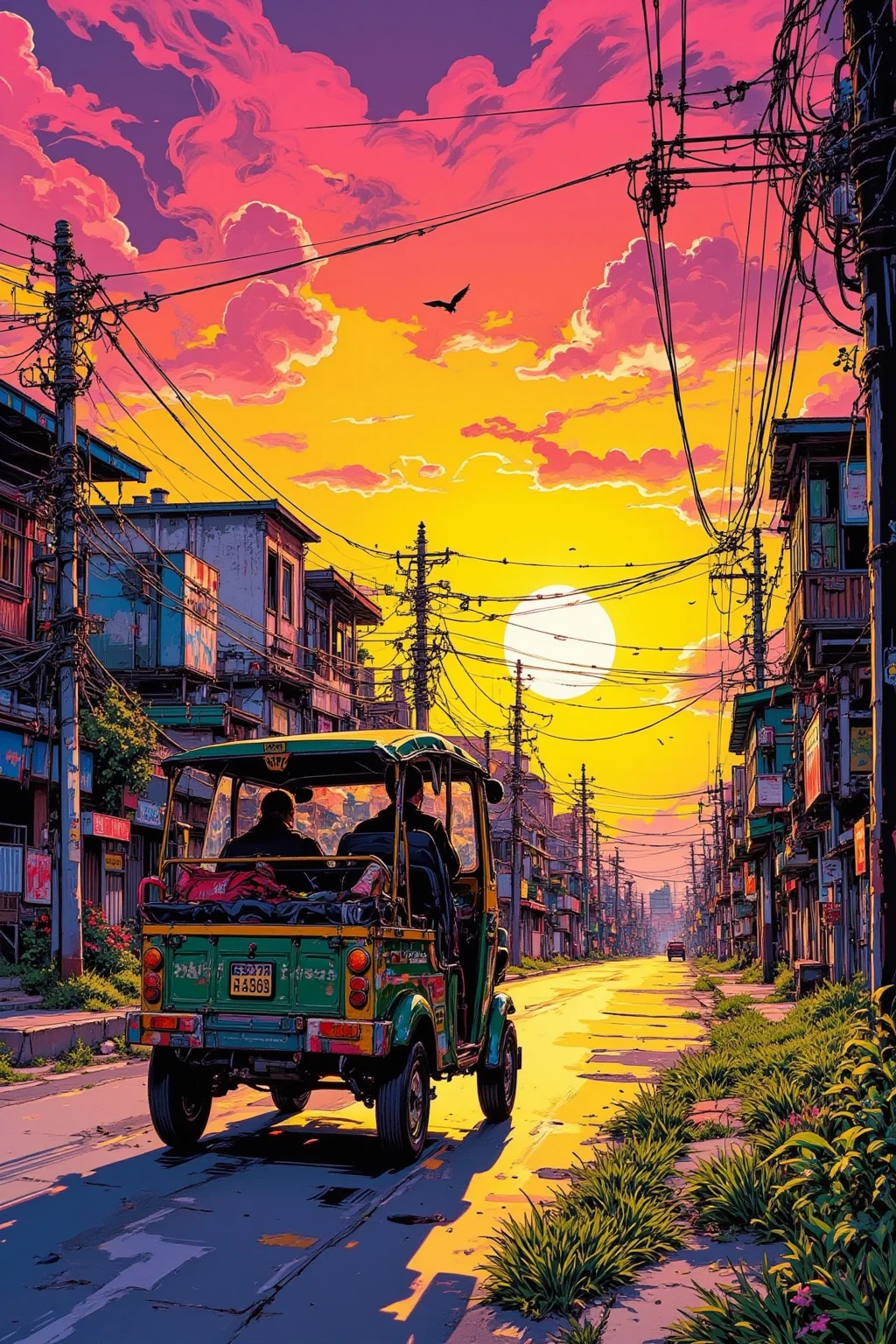  A car running towards the sunset(4WD)'s art, The roof carrier is loaded with luggage,the road continues into the sunset,Emphasize perspective ,the part close to the sunset、the farther part spreads, the sunset is reflected on the ground or water surface(Path of Light)Make,waves that clearly understand the ocean, swaying grass and flying birds,the sky is expressed in gradation、uses yellow, orange, pink, and purple,Put shadows in the clouds、I can feel it Angle it like this {x} highlight the part where the light shines in yellow, the car is arranged in a position based on the golden ratio、movement,fantastic and hallucinatory art,Highly Detailed Amazing Art,