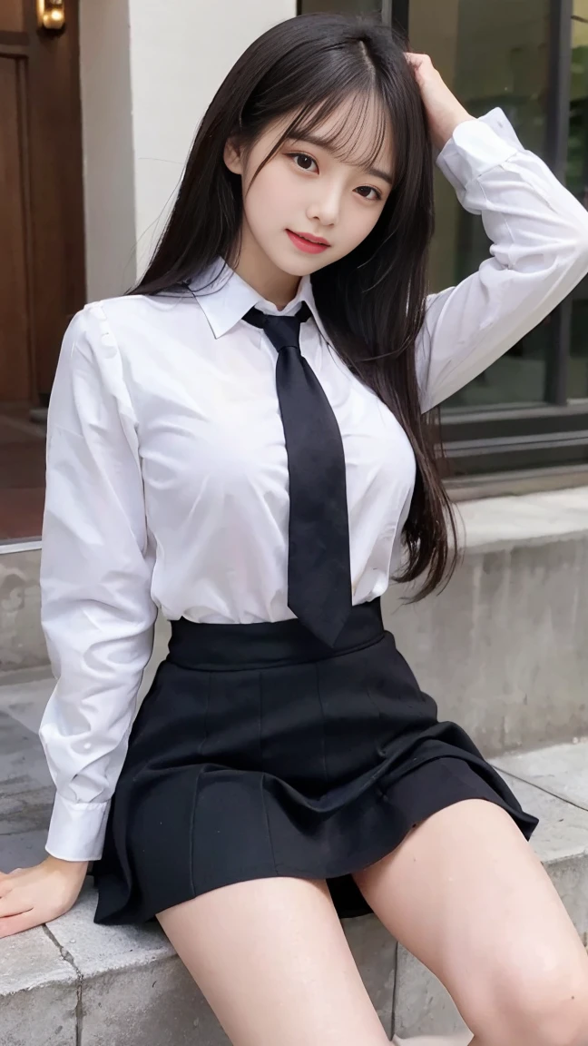 ((Highest quality, 8k, masterpiece: 1.3)), 1 person, Beautiful woman with slim abs: 1.3, (Long Hair, big: 1.2), blazer: 1.1, Highly detailed face, Beautiful Eyes, double eyelid, uniform, Pleated skirt, Black knee-high socks, belly button