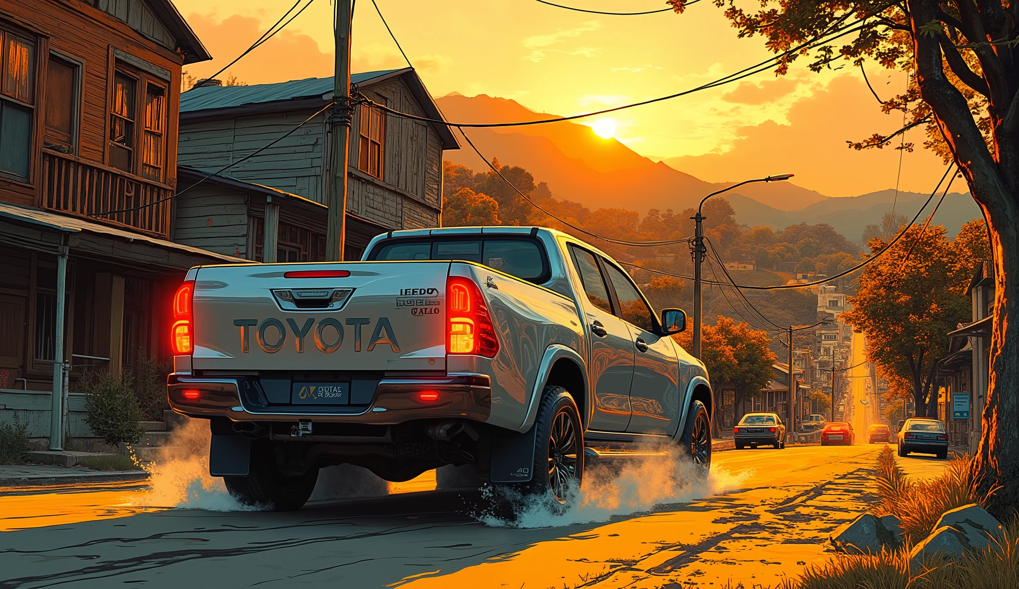 detailed photorealistic toyota hilux pickup truck driving through a rural town at sunset, super detailed 8k, hyperrealistic, highly detailed, wide angle, dynamic composition, glowing warm lighting, golden hour, beautiful countryside landscape, rolling hills, old buildings, street lamps, cars parked, trees, detailed reflections