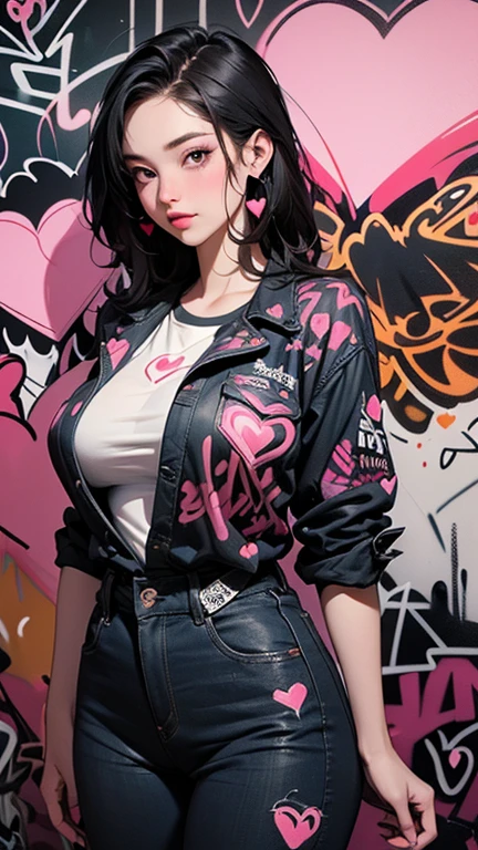 infp young woman, Beautiful big breasts, Front opening shirt, Body painting with pop designs drawn directly all over the body, heart shapes, Pop Art Design, Cutting-edge fashion, Innovative, The center of attention, tokyo prefecture, newyork, Special art design, pubick hair, cameltoe details, -motto, Background of the novel,A dark-haired