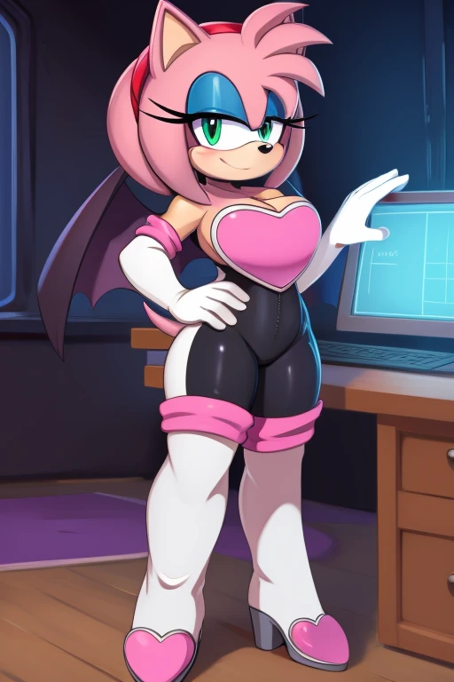 Female, Mobian, Hedgehog, Maroon fur, long hair/quills, breasts, standing, solo, 1girl, blue eyes, masterpiece, best quality, 1girl, solo, average sized breasts, ((looking at viewer)), furry, furry female, sonic the hedgehog \(series\), perfect anatomy, (rouge_the_bat_(cosplay):1), white elbow gloves, bare shoulders, ((masterpiece,best quality)), aarem, hair over one eye, large breasts, cleavage, cowboy shot, house, city view window, motherly figure, (milf sized proportions), some makeup, (((sad and scared))), (embarrassed and confused)