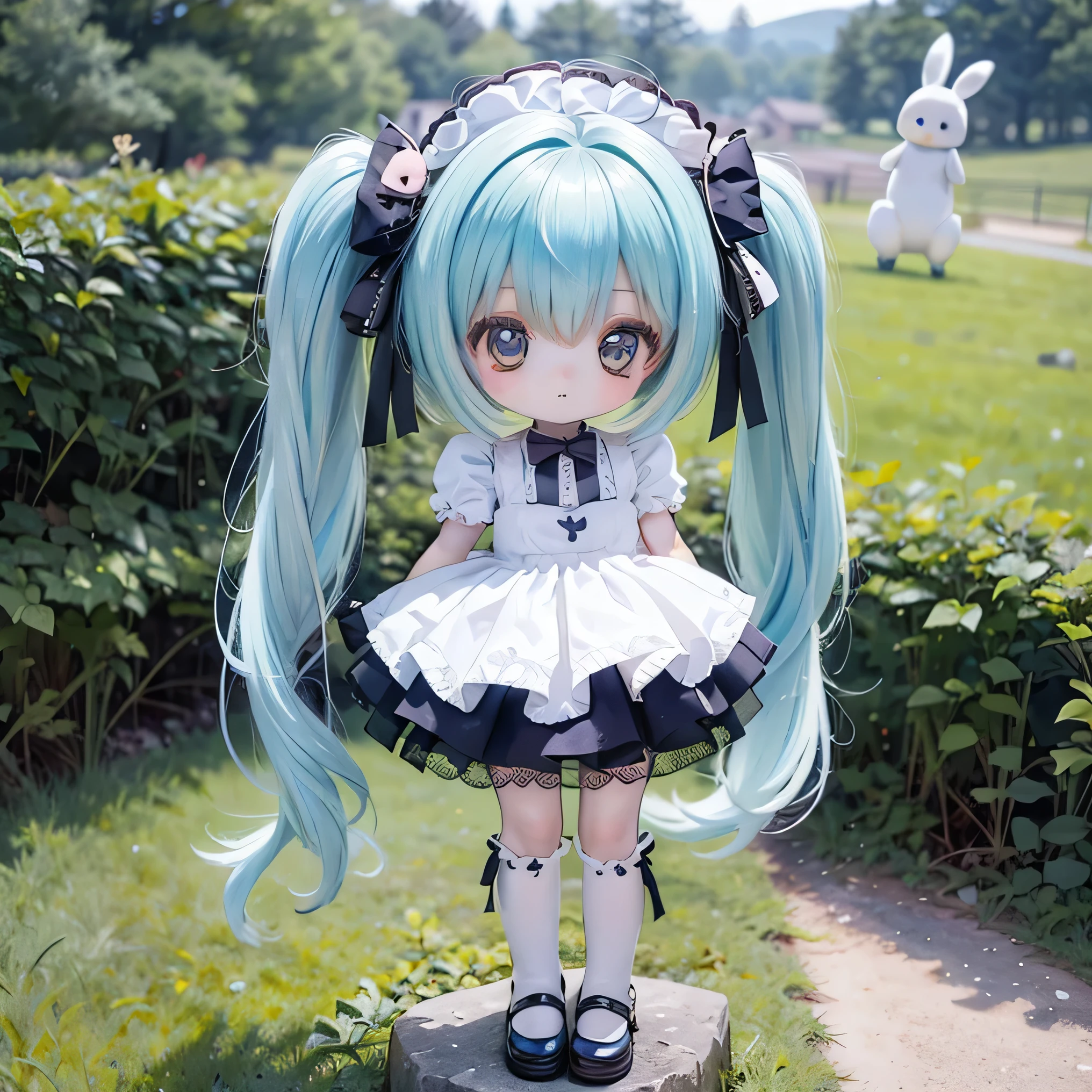 rabbit girl 、 Countryside Scenery Chibi 、 young girl、 gothic lolita clothes greetings