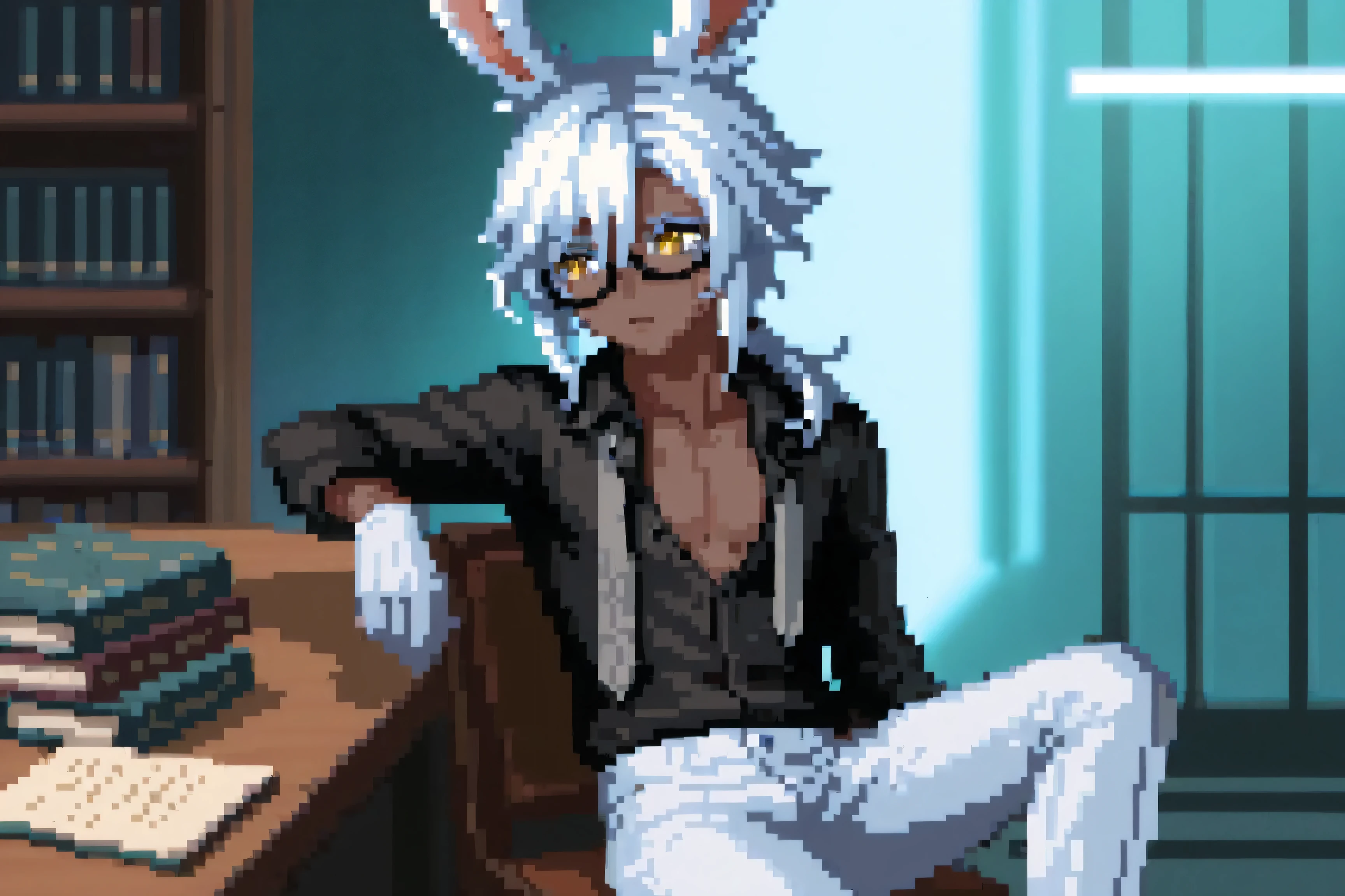 sage (final fantasy), warrior of light (ff14), final fantasy, final fantasy xiv, 1boy, animal ears, bishounen, black eyewear, black shirt, books, bookshelf, chair, collared shirt, colored eyelashes, dark-skinned male, dark skin, formal clothes, glasses, gloves, grey necktie, hair between eyes, indoors, leaning back, long sleeves, looking to the side, low ponytail, male focus, necktie, pants, ponytail, rabbit boy, rabbit ears, sitting, shirt, solo, study room, table, unbuttoned shirt, undone necktie, viera, white gloves, white hair, white pants, yellow eyes,