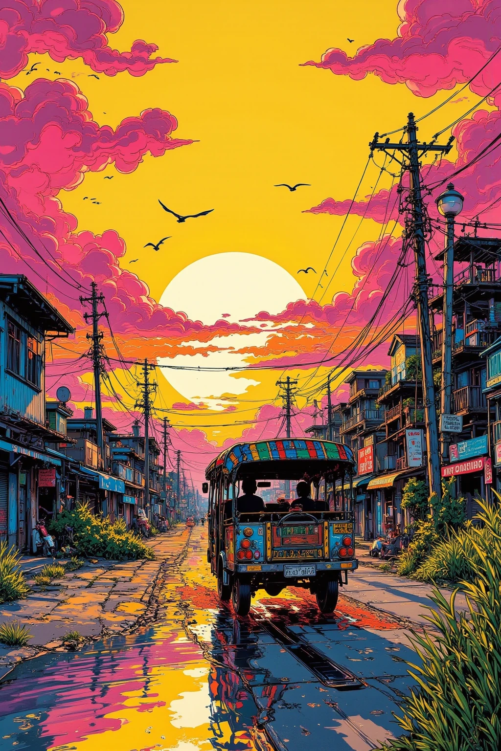  A car running towards the sunset(4WD)'s art, The roof carrier is loaded with luggage,the road continues into the sunset,Emphasize perspective ,the part close to the sunset、the farther part spreads, the sunset is reflected on the ground or water surface(Path of Light)Make,waves that clearly understand the ocean, swaying grass and flying birds,the sky is expressed in gradation、uses yellow, orange, pink, and purple,Put shadows in the clouds、I can feel it Angle it like this {x} highlight the part where the light shines in yellow, the car is arranged in a position based on the golden ratio、movement,fantastic and hallucinatory art,Highly Detailed Amazing Art,