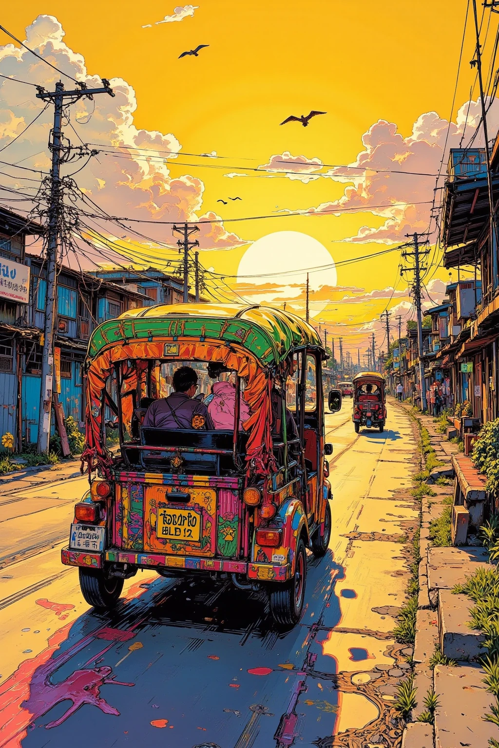  A car running towards the sunset(4WD)'s art, The roof carrier is loaded with luggage,the road continues into the sunset,Emphasize perspective ,the part close to the sunset、the farther part spreads, the sunset is reflected on the ground or water surface(Path of Light)Make,waves that clearly understand the ocean, swaying grass and flying birds,the sky is expressed in gradation、uses yellow, orange, pink, and purple,Put shadows in the clouds、I can feel it Angle it like this {x} highlight the part where the light shines in yellow, the car is arranged in a position based on the golden ratio、movement,fantastic and hallucinatory art,Highly Detailed Amazing Art,