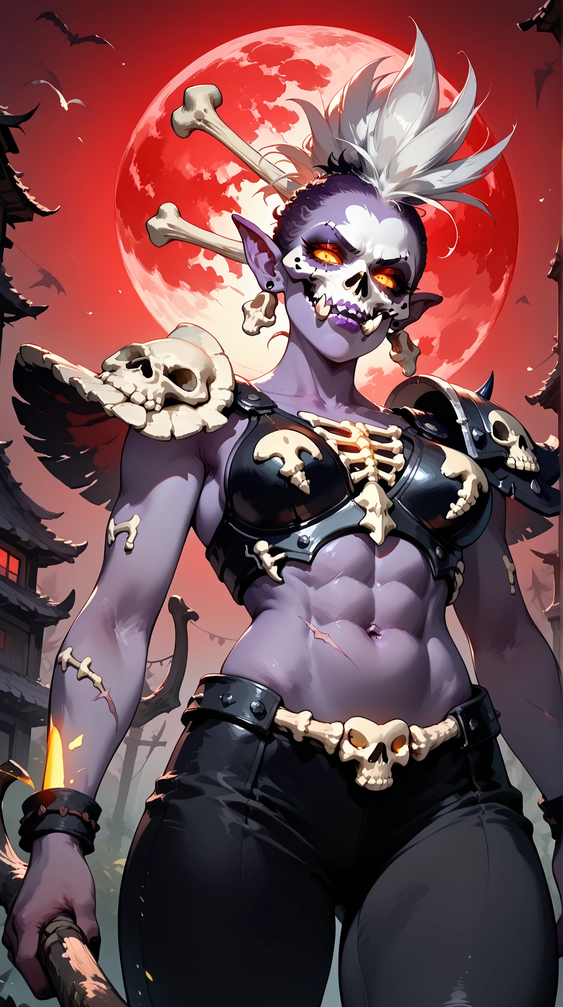 1 girl, beautiful muscular girl, Fangs out, tusks, green skin, Painted face, large naked breasts, standing nipples, Red Armor, bandages, shoulder pads, Red Mohawk, pubic hair, Spear in hand, belt with skull, glowing red eyes, sea shore, palm trees, night, grass, volumetric lighting, Best quality, masterpiece, surrealism, ultrarealism, Hipperrealism