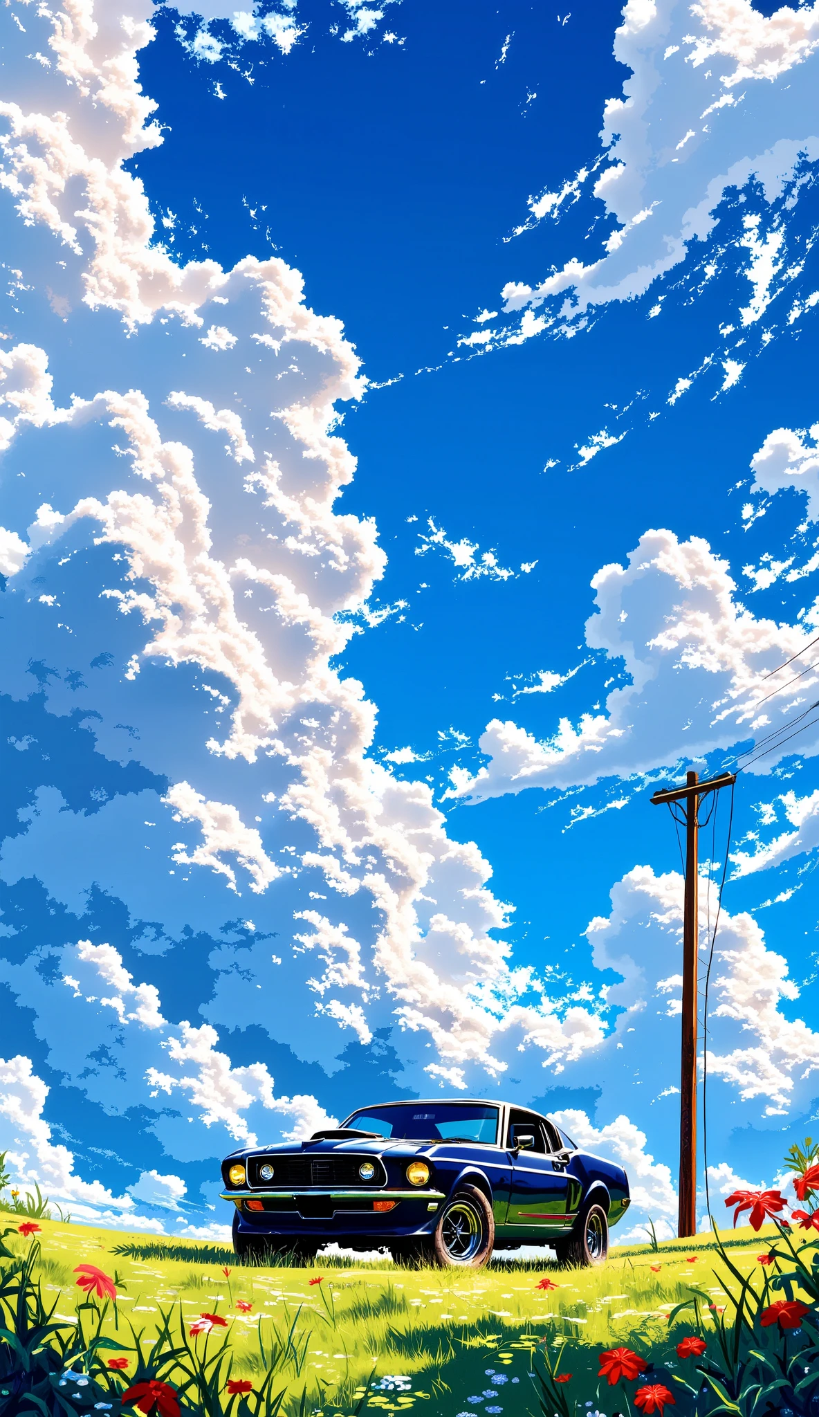 A vibrant, stylized landscape painting. A dark-colored, classic muscle car, likely a Ford Mustang, is parked on a grassy field, positioned slightly off-center to the right. The car is in the foreground, facing forward, and its details are clearly visible. The field is dotted with colorful wildflowers. A utility pole is visible at the right side of the image. The sky is a deep blue, with massive, fluffy, stylized cumulus clouds, detailed in soft white and light blue hues, taking up most of the image, filling the background, and dominating the composition. The clouds are layered, creating a sense of depth and dimension. The lighting appears diffused and soft, casting gentle shadows on the ground. The overall style is painterly and reminiscent of anime/manga-style illustrations with bold colors. A sense of calm and serene beauty is conveyed in the scene. The perspective is looking down on the landscape. The overall color palette is rich with blues, whites, and muted greens. The image is full of detail and texture, with the use of visible brush strokes.