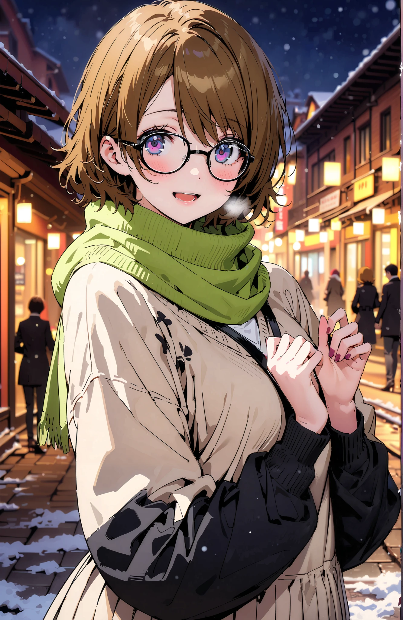 Hanayo Koizumi, short hair , brown hair, purple eyes,Glasses,smile,blush, open your mouth, White Breath,green scarf, black down coat ,( sweater :1.2),( turtleneck:1.2), white long skirt,black pantyhose, Bbo~, standing,snow,night,綺麗なnight景, Beautiful Streetscapes,whole bodyがイラストに入るように,
break outdoors, bridge,
break looking at viewer,whole body,
break ( Masterpiece:1.2), best quality , kampala, Unity 8K Wallpaper ,(shape:0.8),( fine, beautiful eyes :1.6),It's a person ,whole body写真,CG Details , ( perfect hands, complete anatomy),,